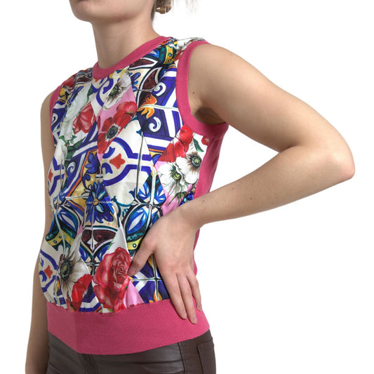 Multicolor Majolica Floral Crew Neck Tank Top