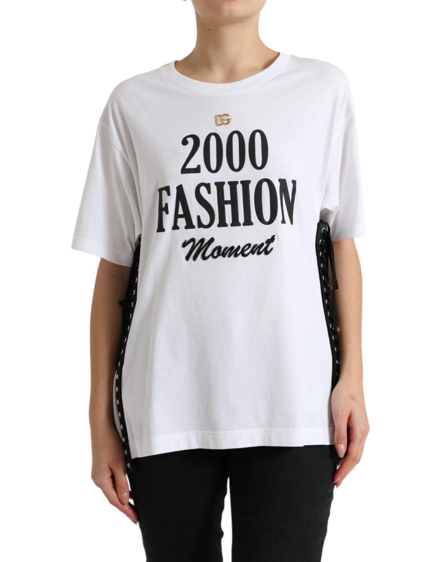 White Slogan Print Lacing Detailed T-shirt