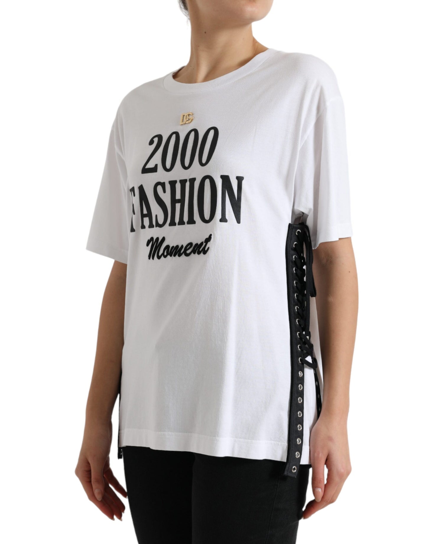 White Slogan Print Lacing Detailed T-shirt