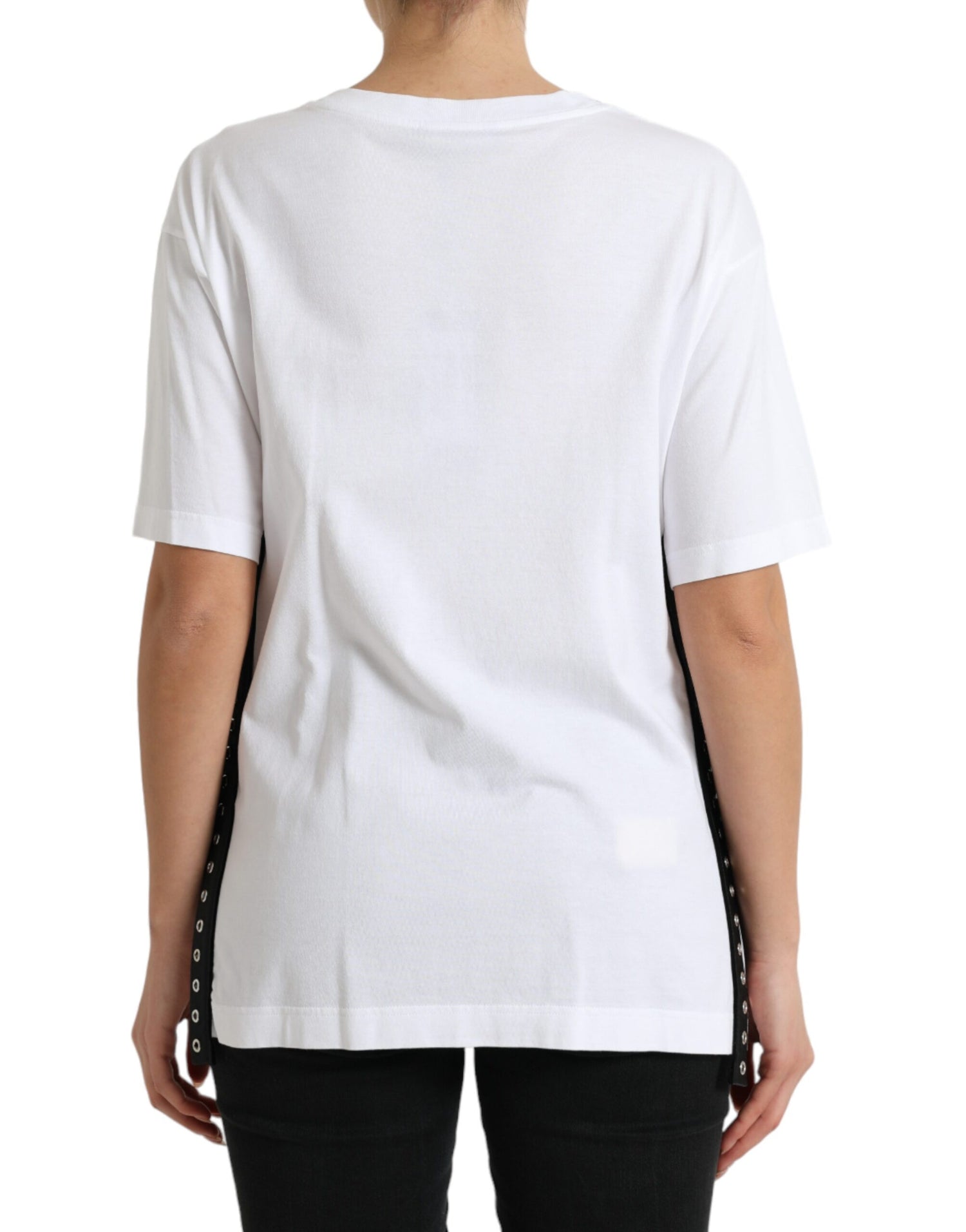 White Slogan Print Lacing Detailed T-shirt