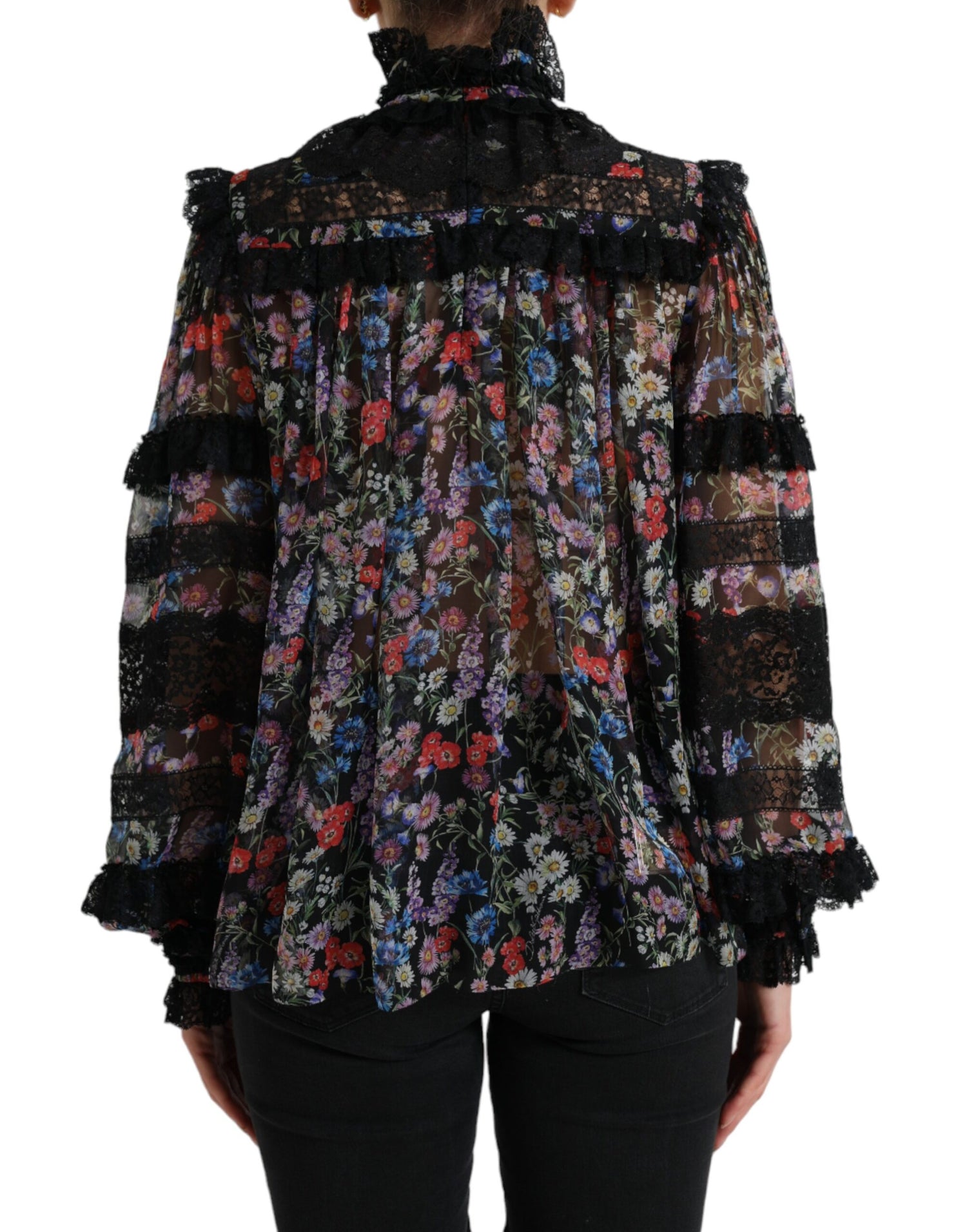 Black Floral Print Long Sleeves Blouse Top