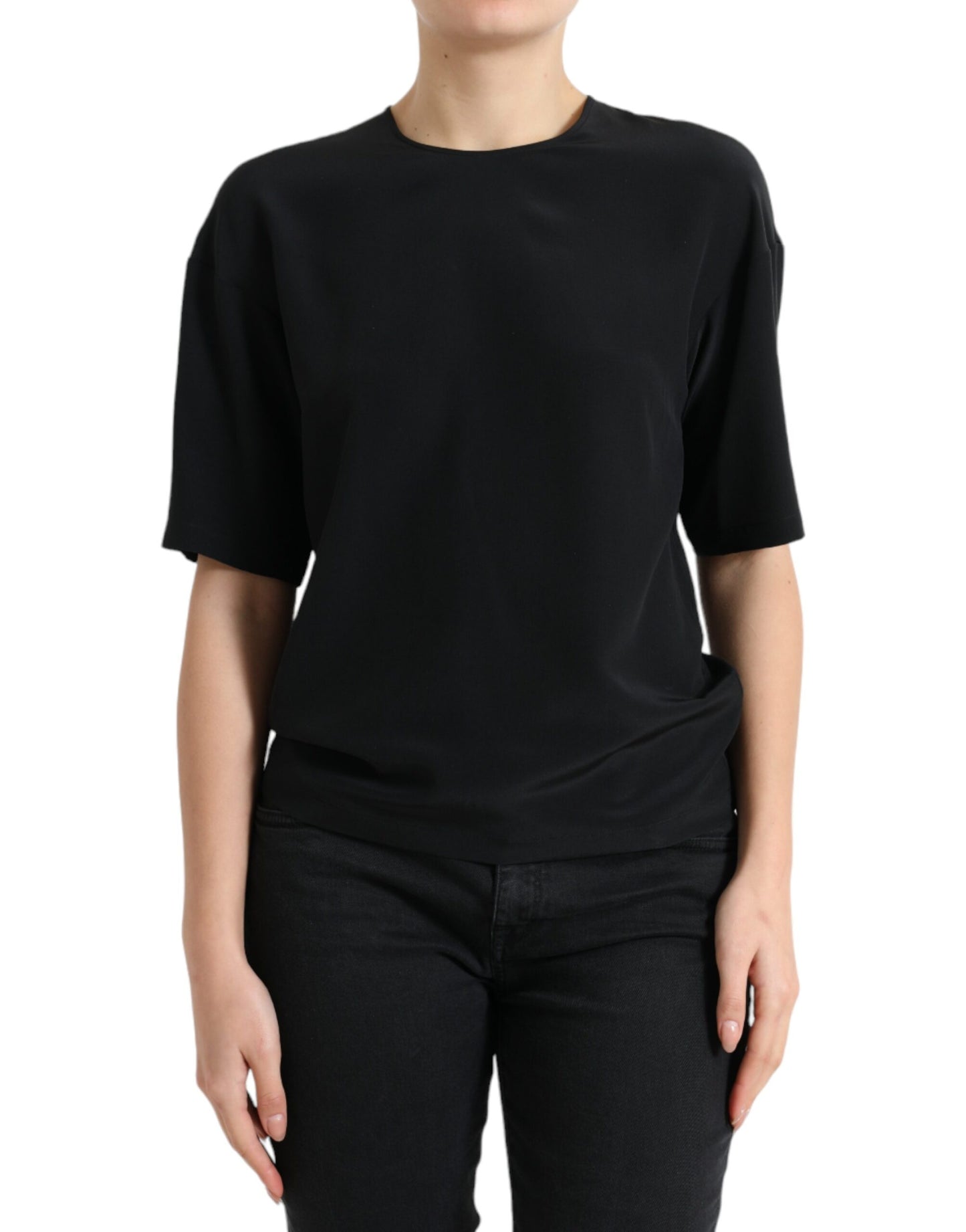 Black Silk Round Neck Short Sleeve Blouse Top