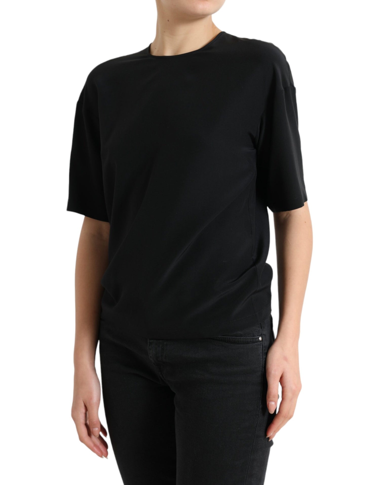 Black Silk Round Neck Short Sleeve Blouse Top