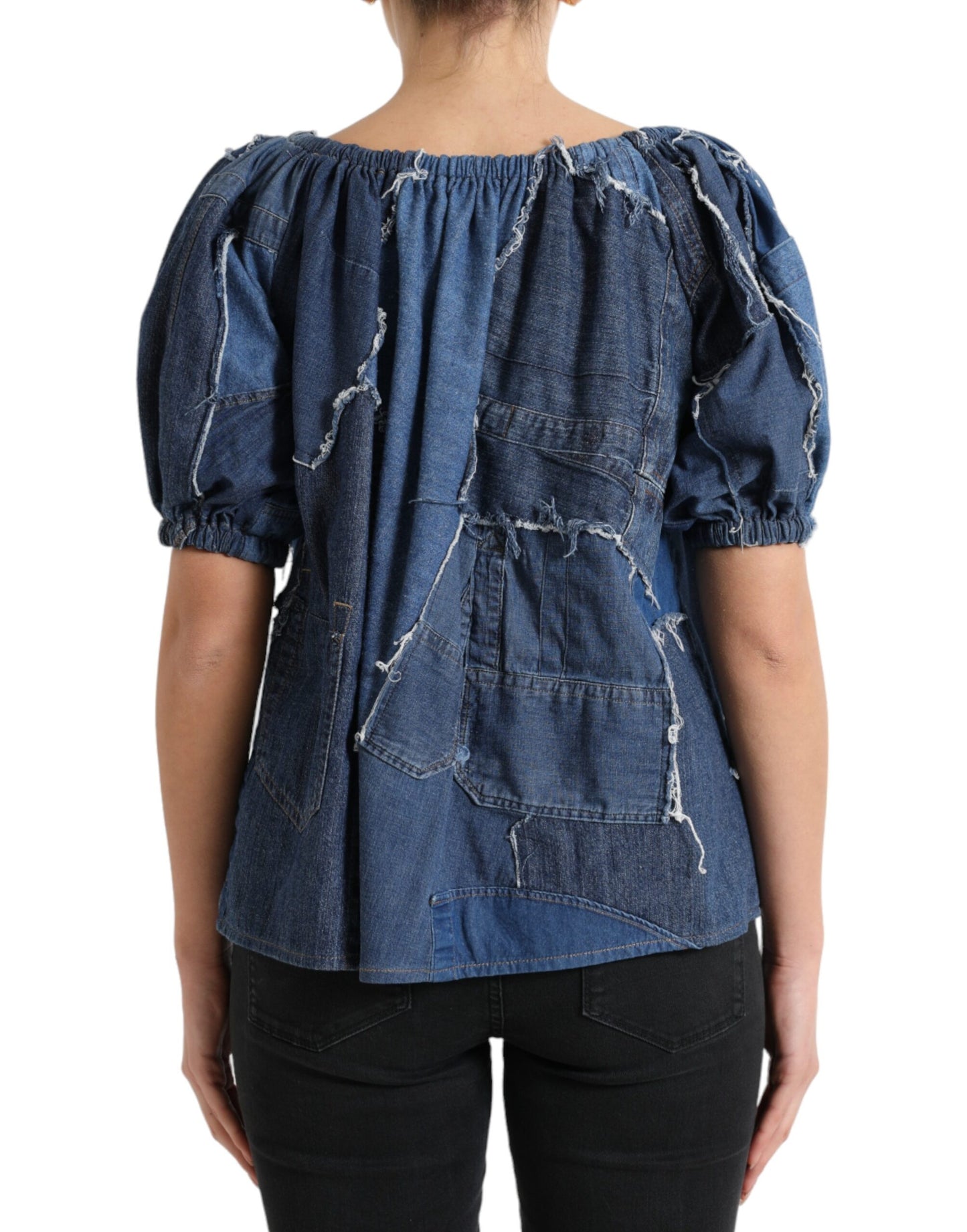 Blue Patchwork Short Sleeves Denim Blouse Top