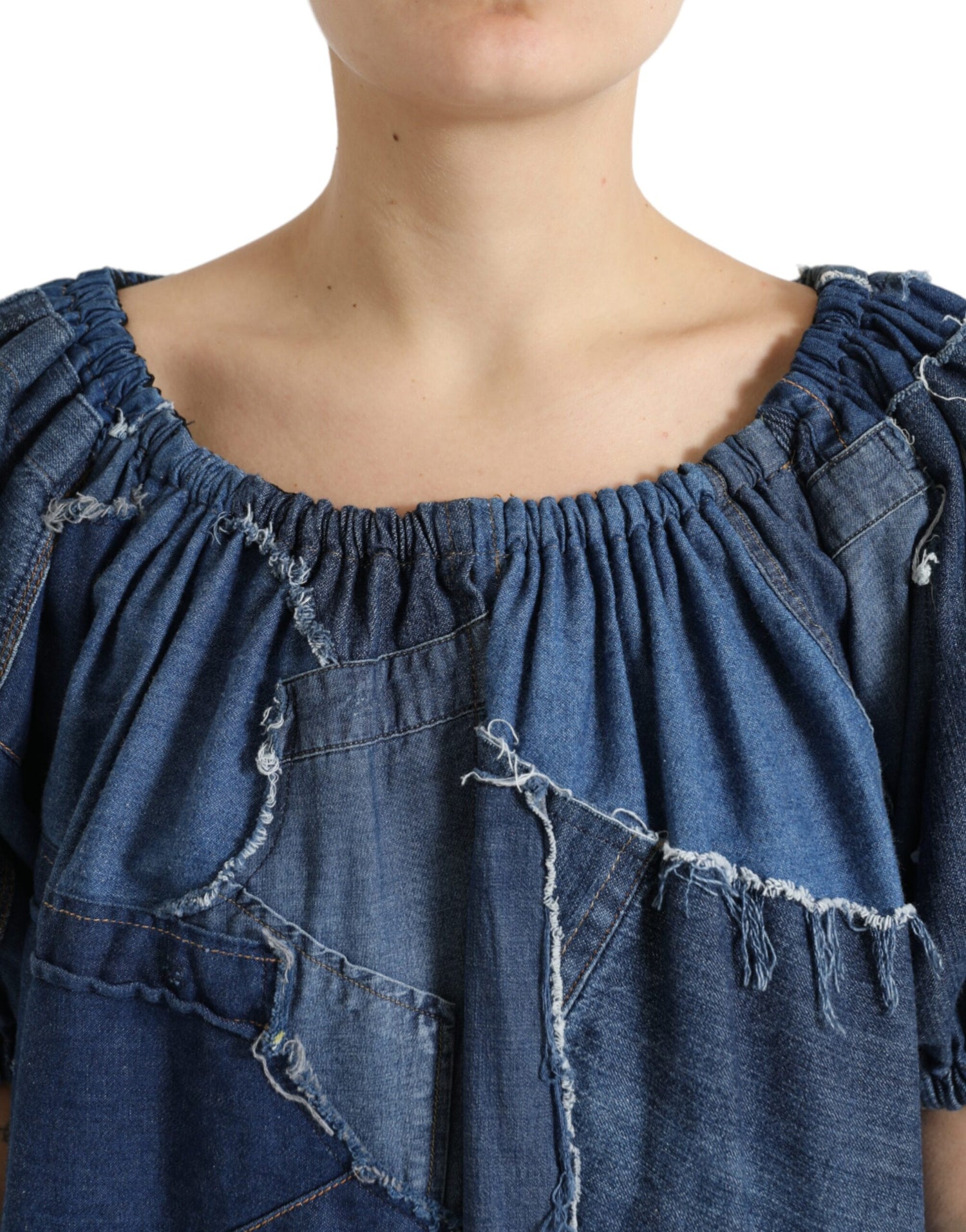 Blue Patchwork Short Sleeves Denim Blouse Top