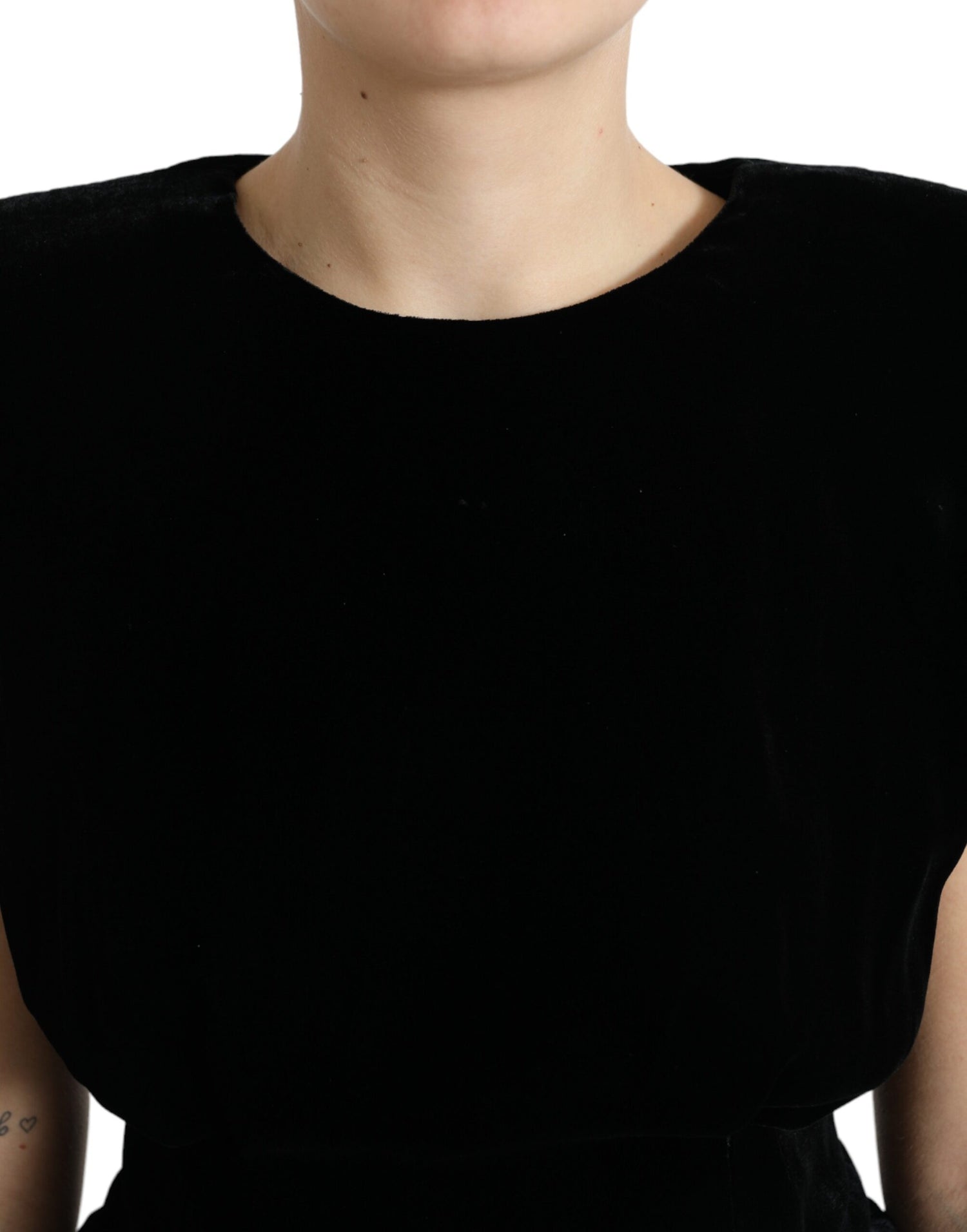 Black Velvet Fitted Padded Shoulder Blouse Top