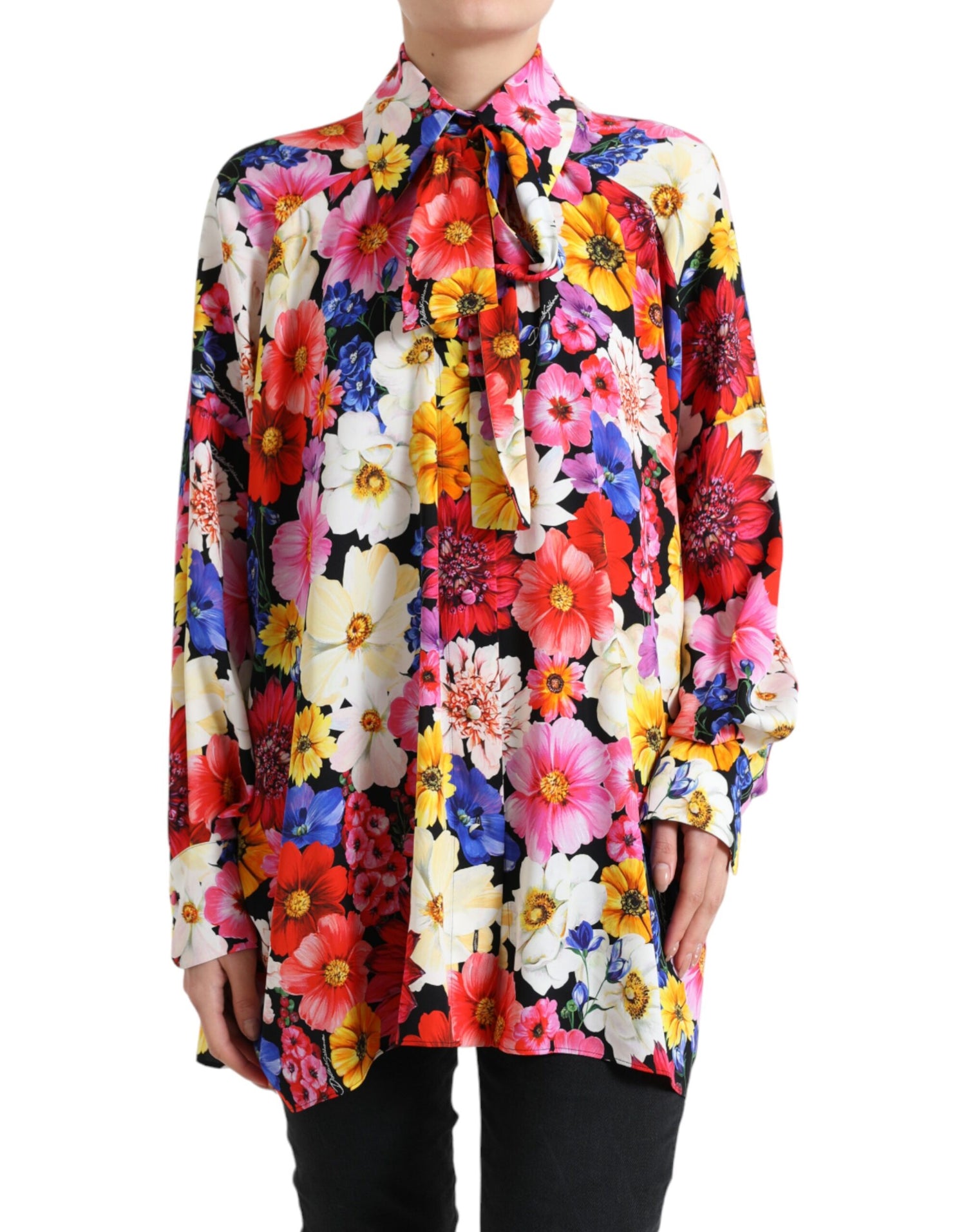 Multicolor Floral Ascot Collared Blouse Top