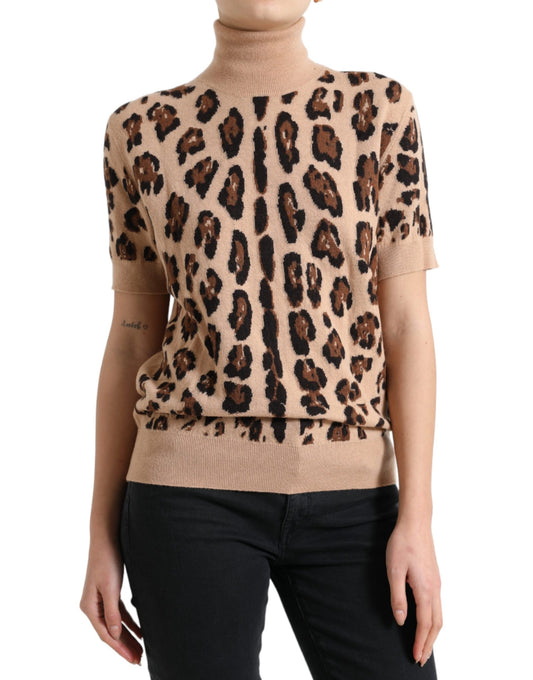 Beige Leopard Print Wool Turtleneck Top