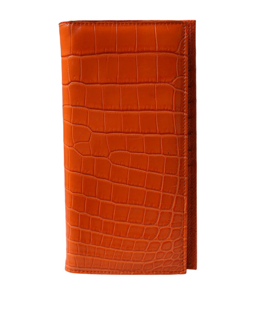 Orange Crocodile Leather Long Bifold Card Holder Wallet