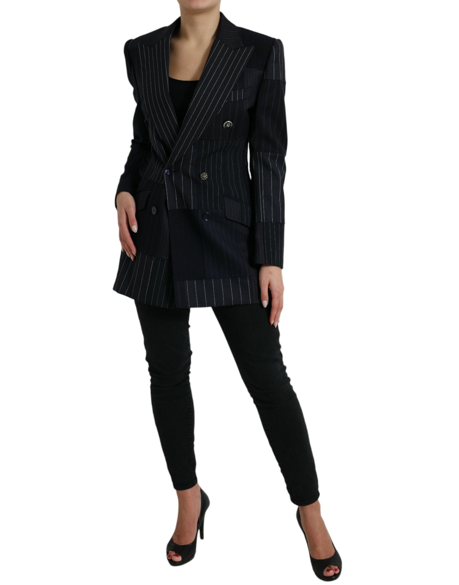 Black Striped Wool DoubleBreasted Coat Jacket