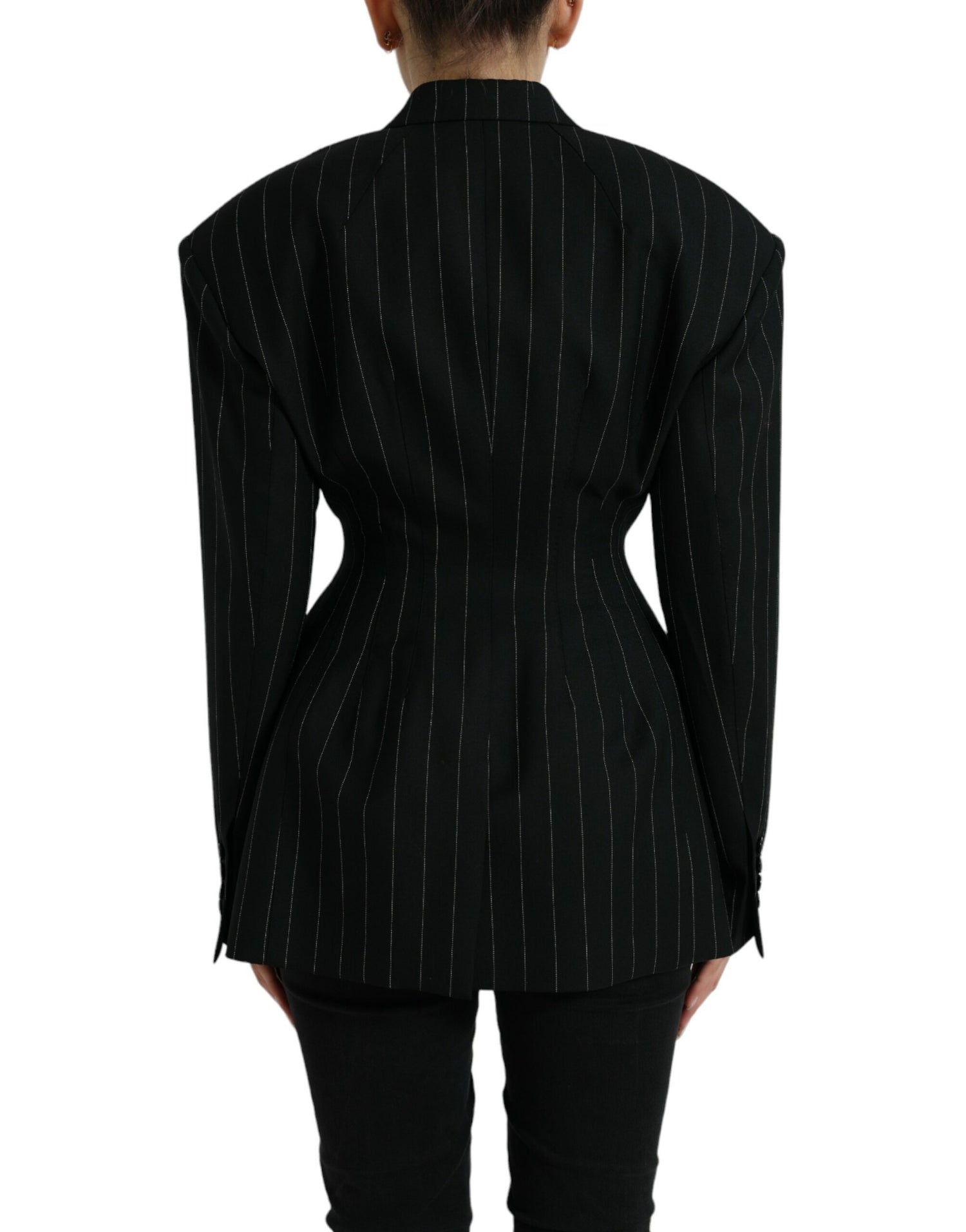 Black Striped Wool DoubleBreasted Coat Jacket