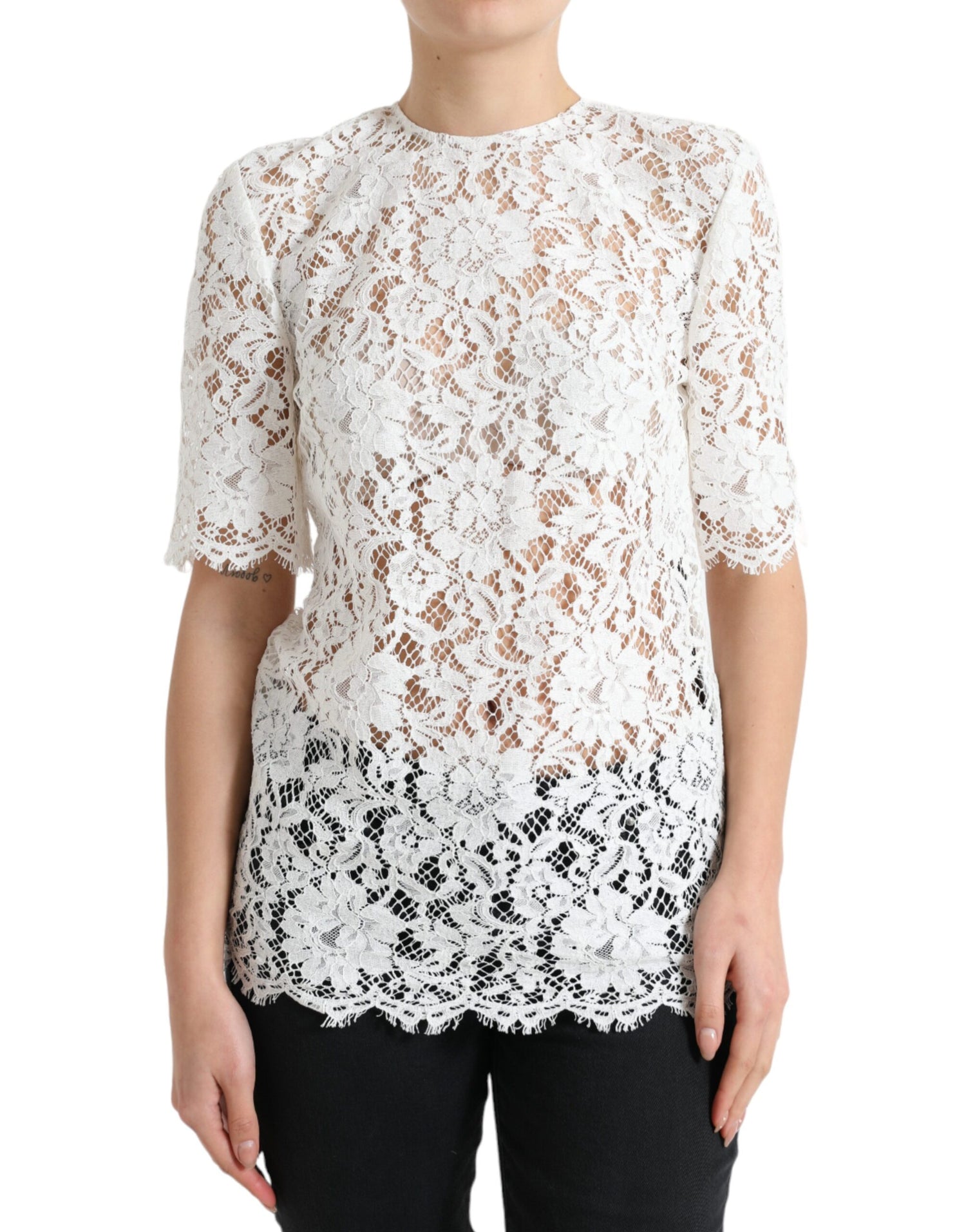 White Floral Lace Cotton Round Neck Blouse Top