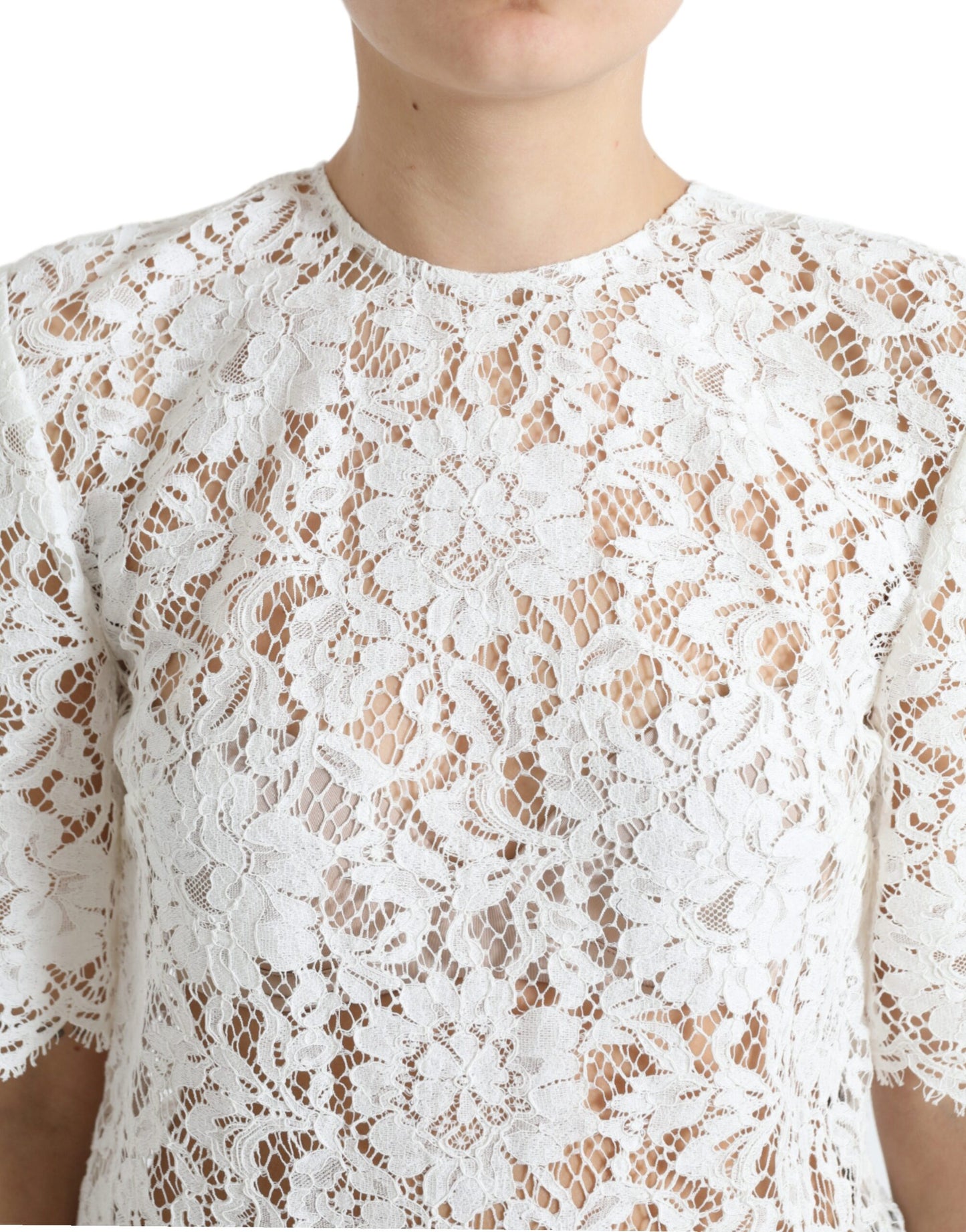 White Floral Lace Cotton Round Neck Blouse Top