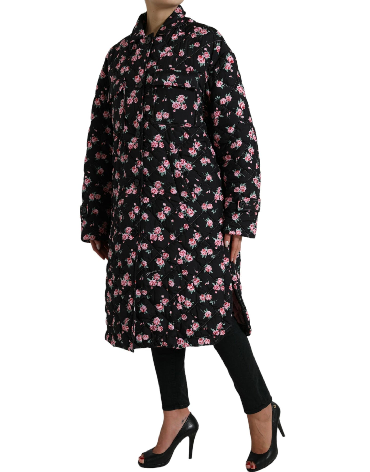 Black Floral Collared Trench Coat Jacket