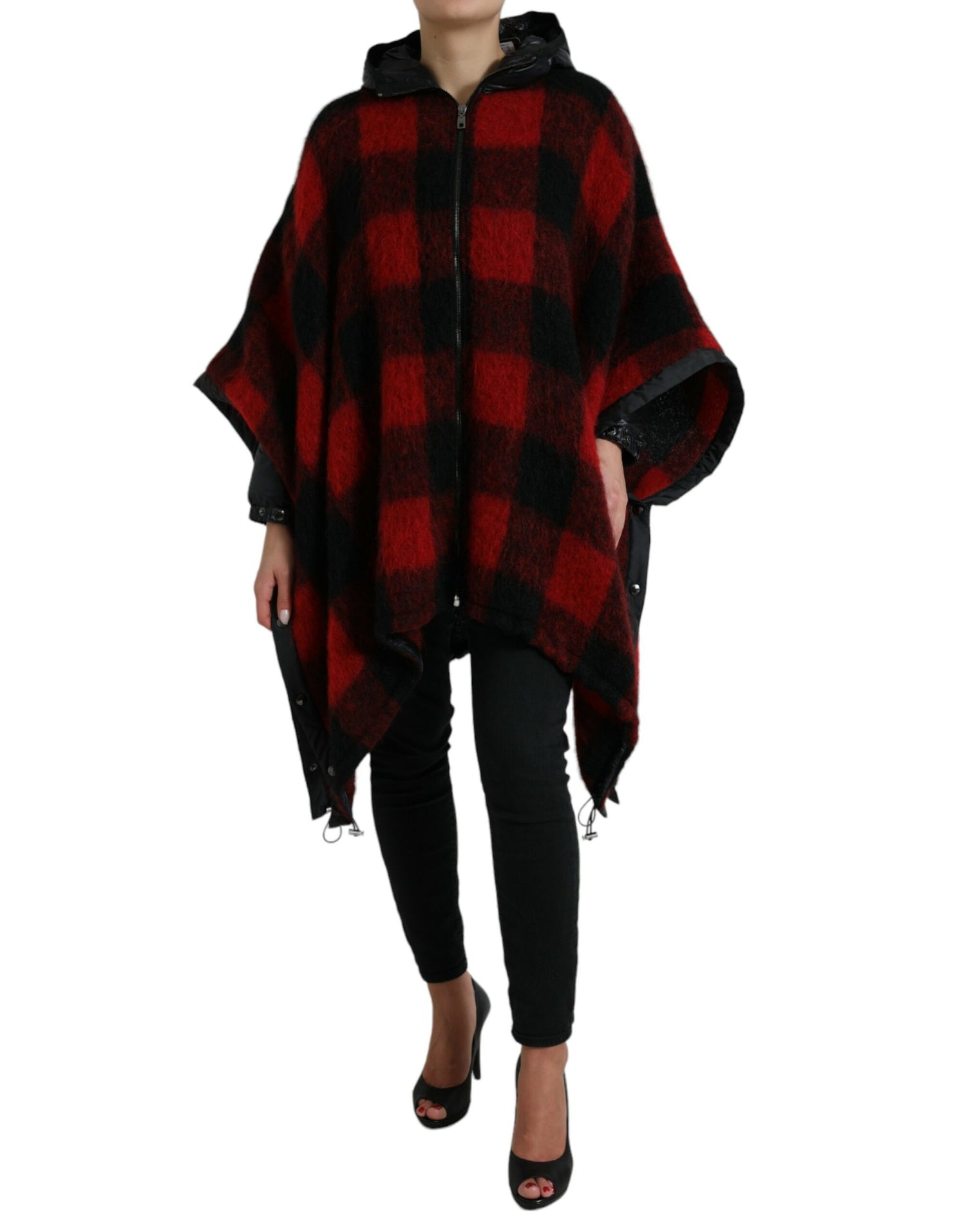 Black Red Buffalo Check Hooded Poncho Jacket