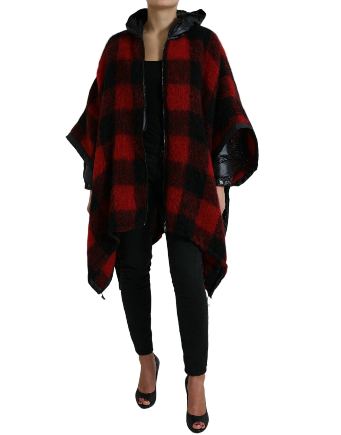 Black Red Buffalo Check Hooded Poncho Jacket