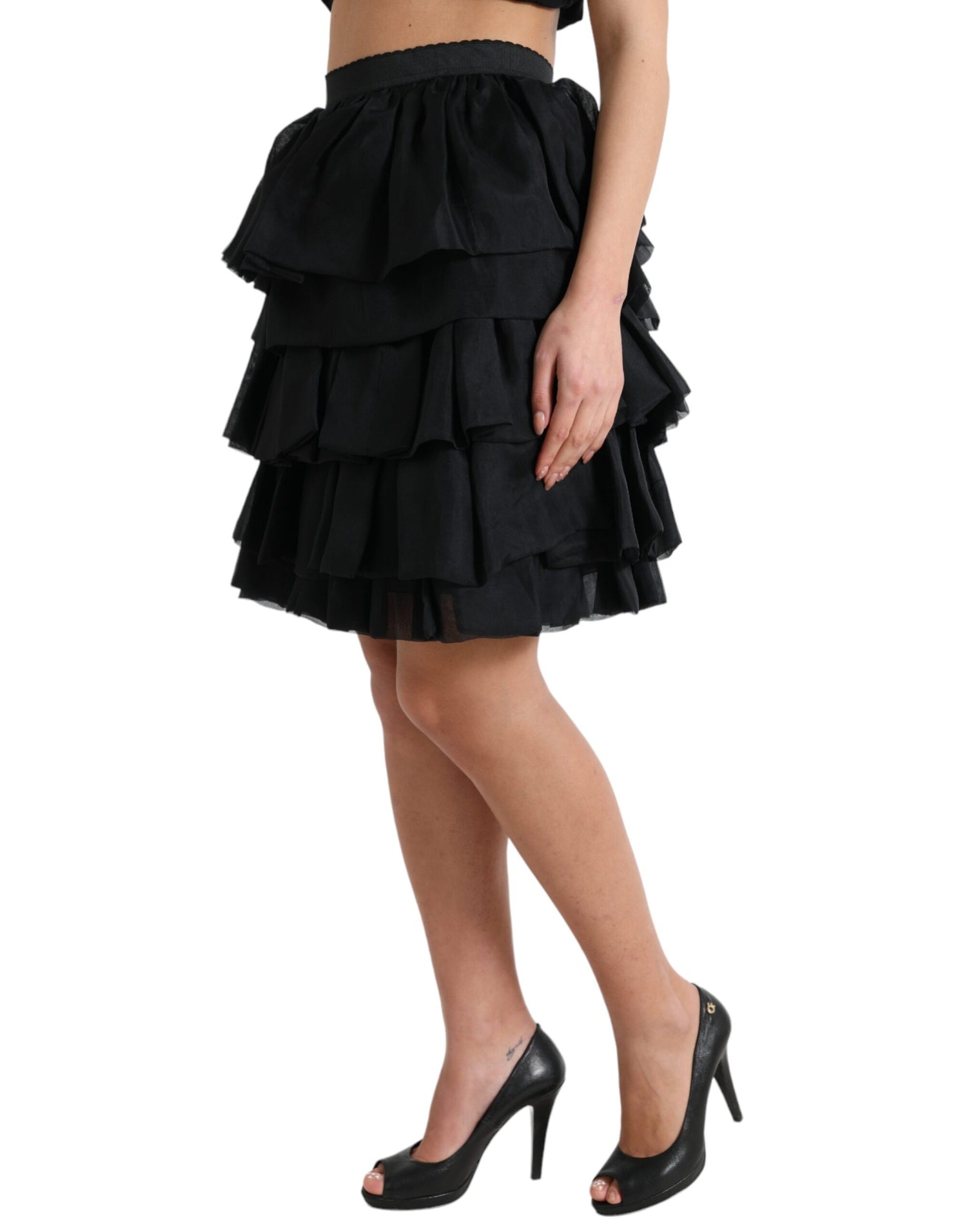 Black Tiered Aline High Waist Silk Mini Skirt