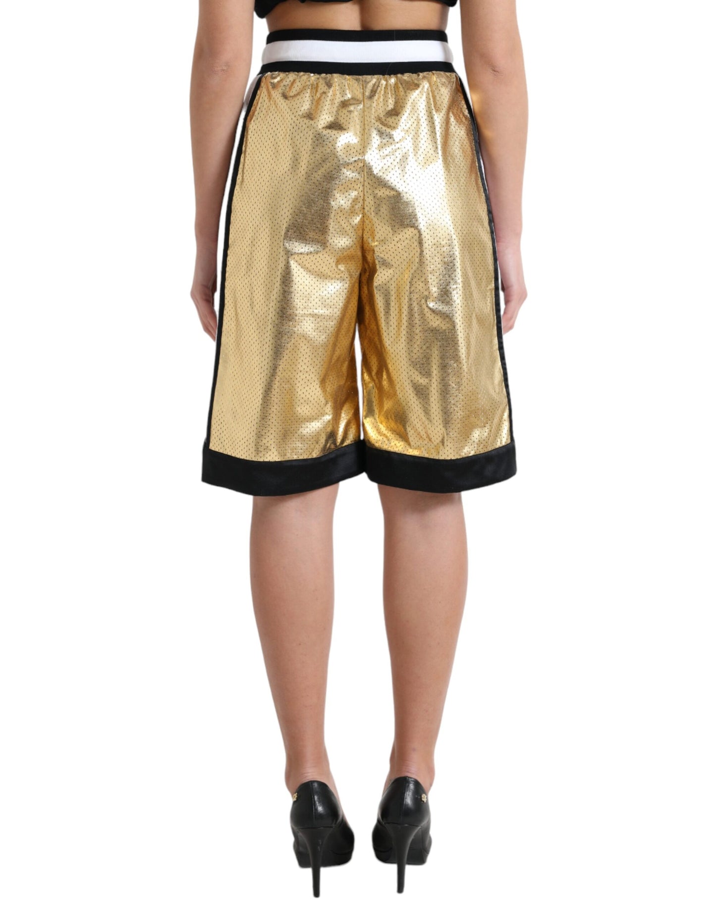 Gold Polyester Perforated High Waist Shorts