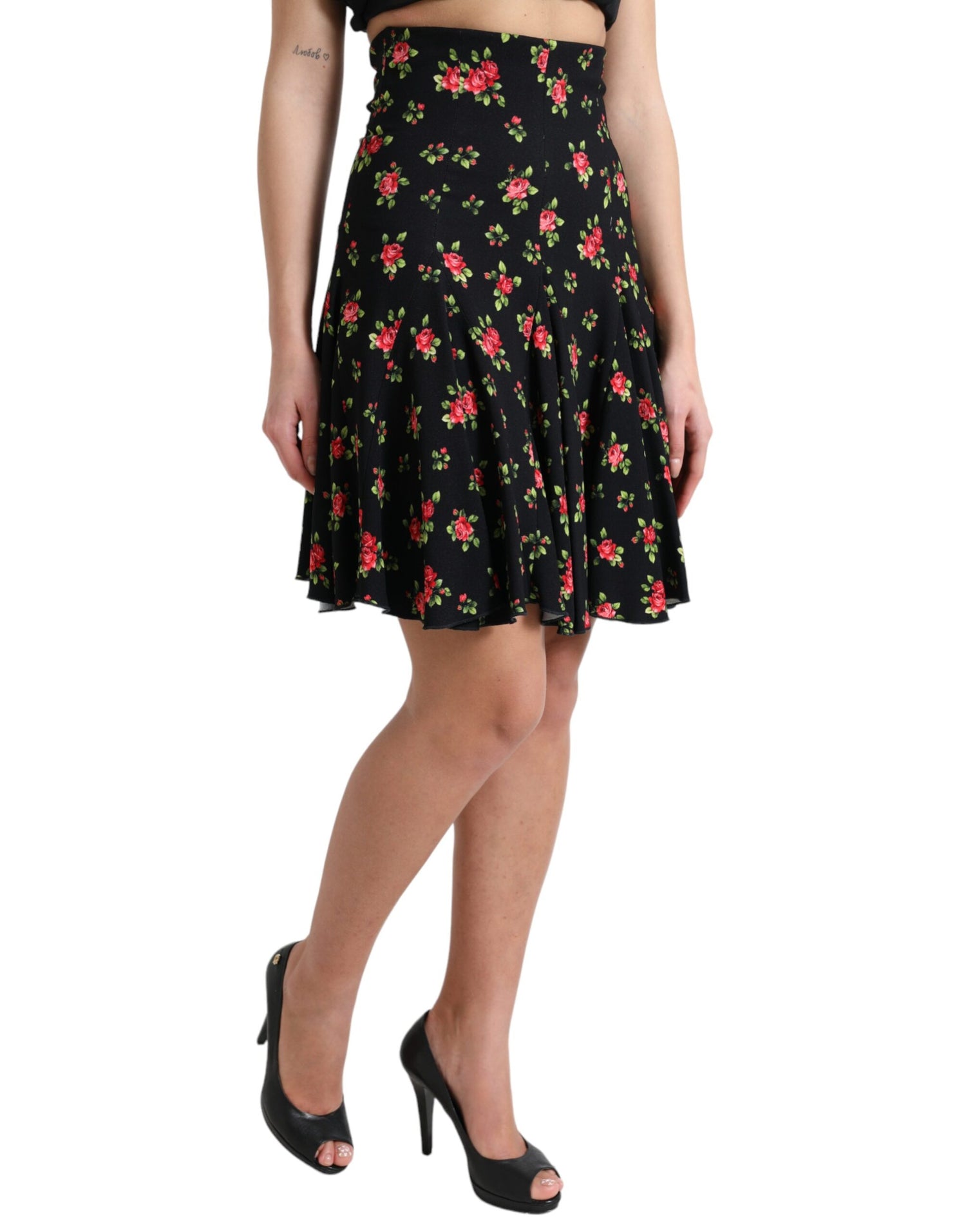 Black Rose Print High Waist A-line Mini Skirt