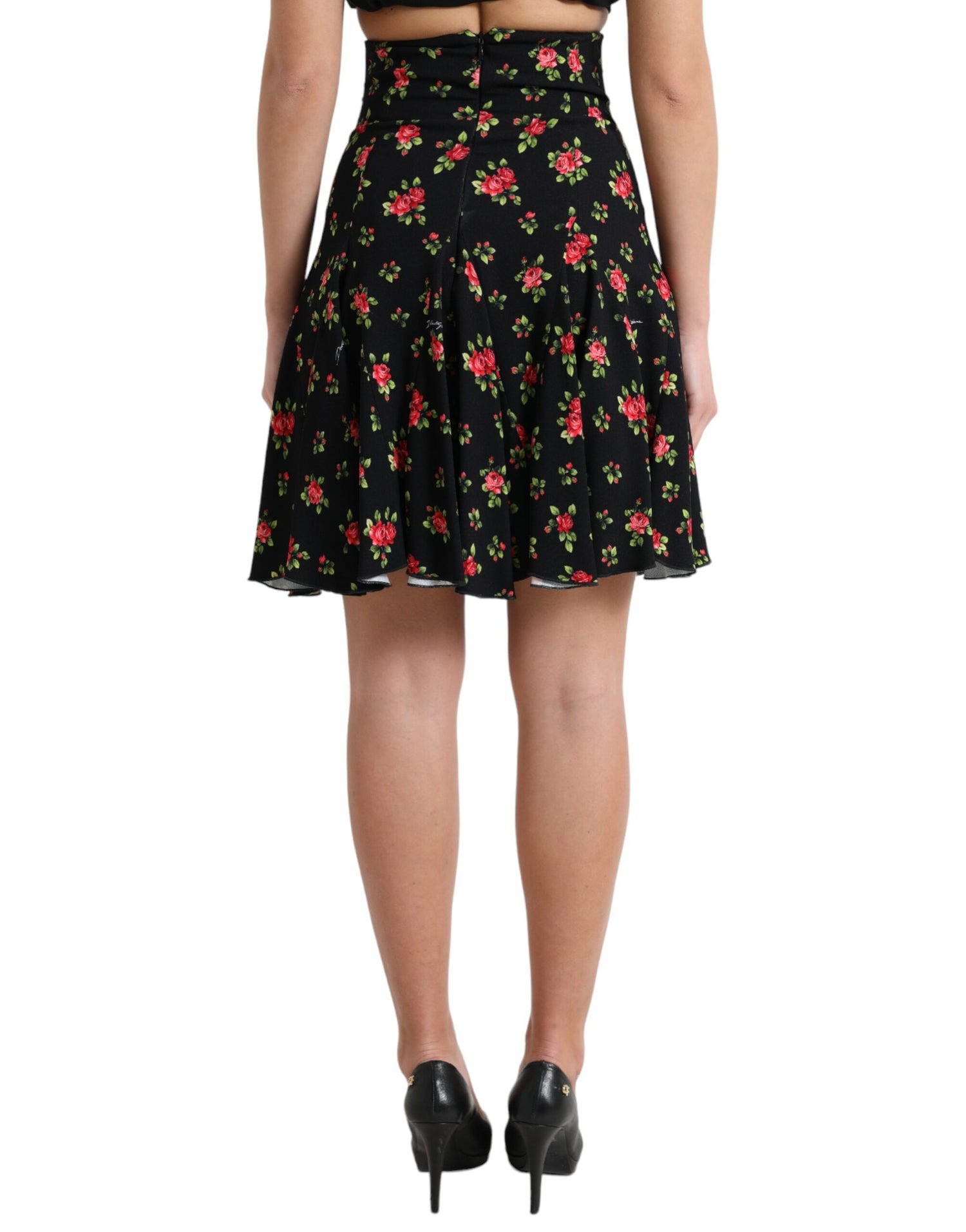 Black Rose Print High Waist A-line Mini Skirt