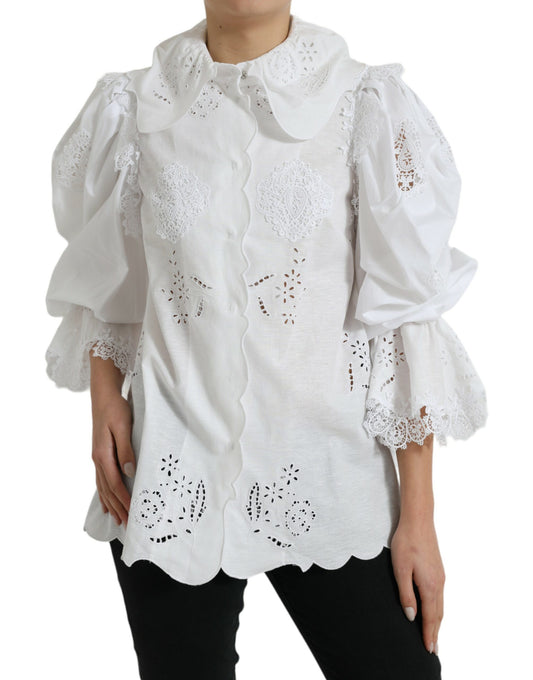 White Cotton Lace Trim Collared Blouse Top