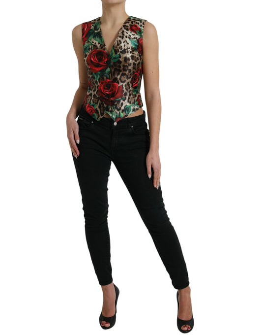 Brown Leopard Rose Silk Waistcoat Vest Top