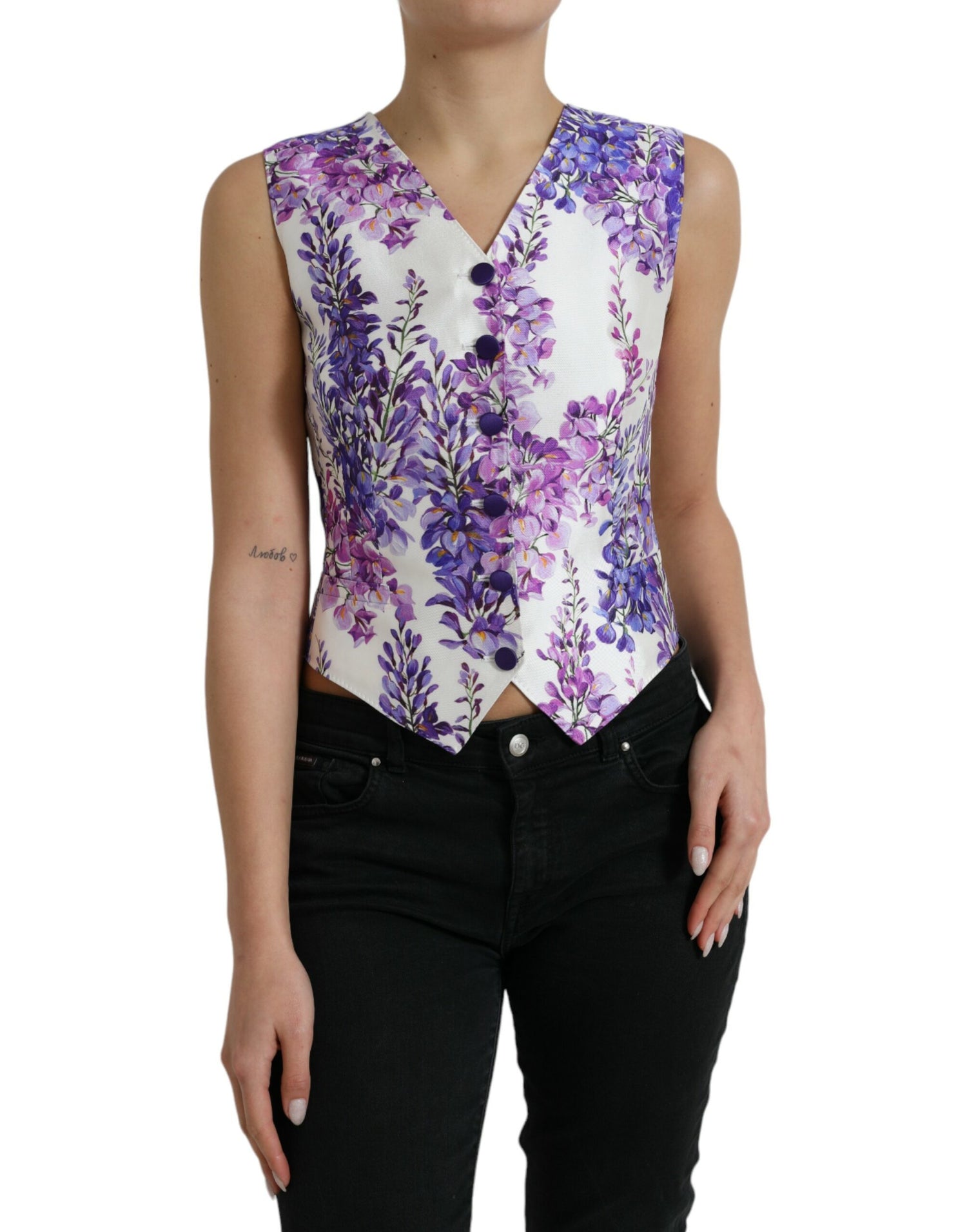 White Floral Print Silk Waistcoat Vest Top