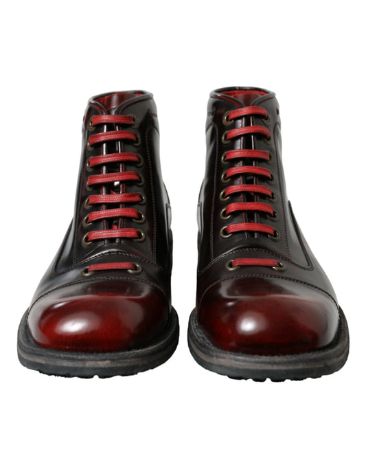 Black Red Leather Lace Up Ankle Boots Shoes