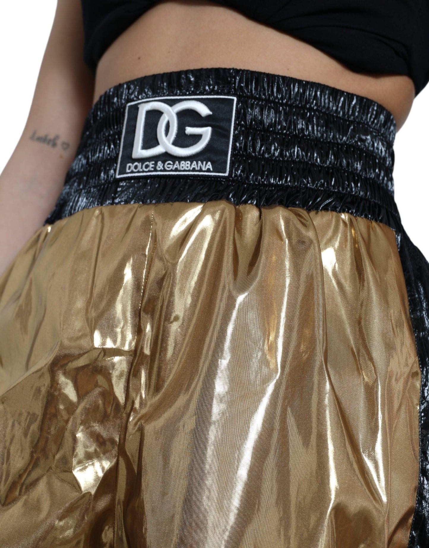 Metallic Gold Shirred High Waist Hot Pants Shorts