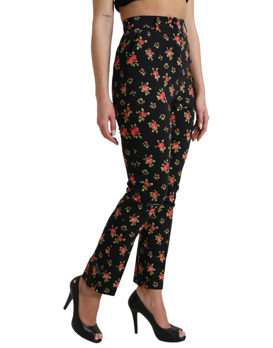 Black Floral Wool High Waist Tapered Pants