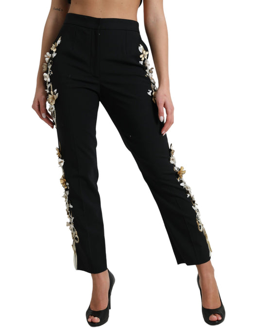 Black Floral Applique High Waist Tapered Pants