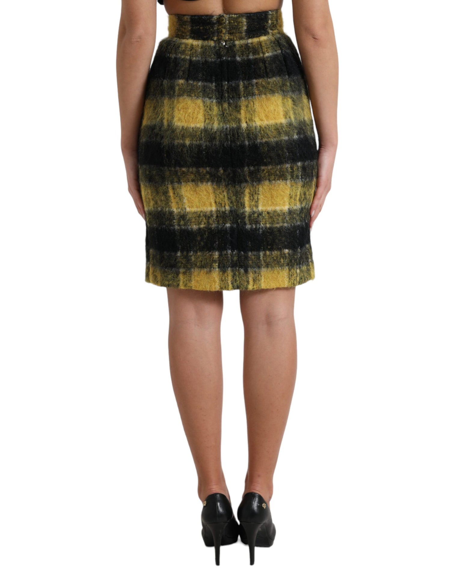 Yellow Black Brushed Checked Wool Pencil Cut Skirt