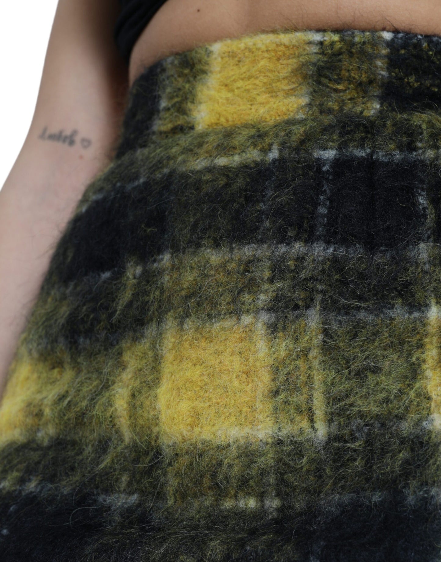 Yellow Black Brushed Checked Wool Pencil Cut Skirt