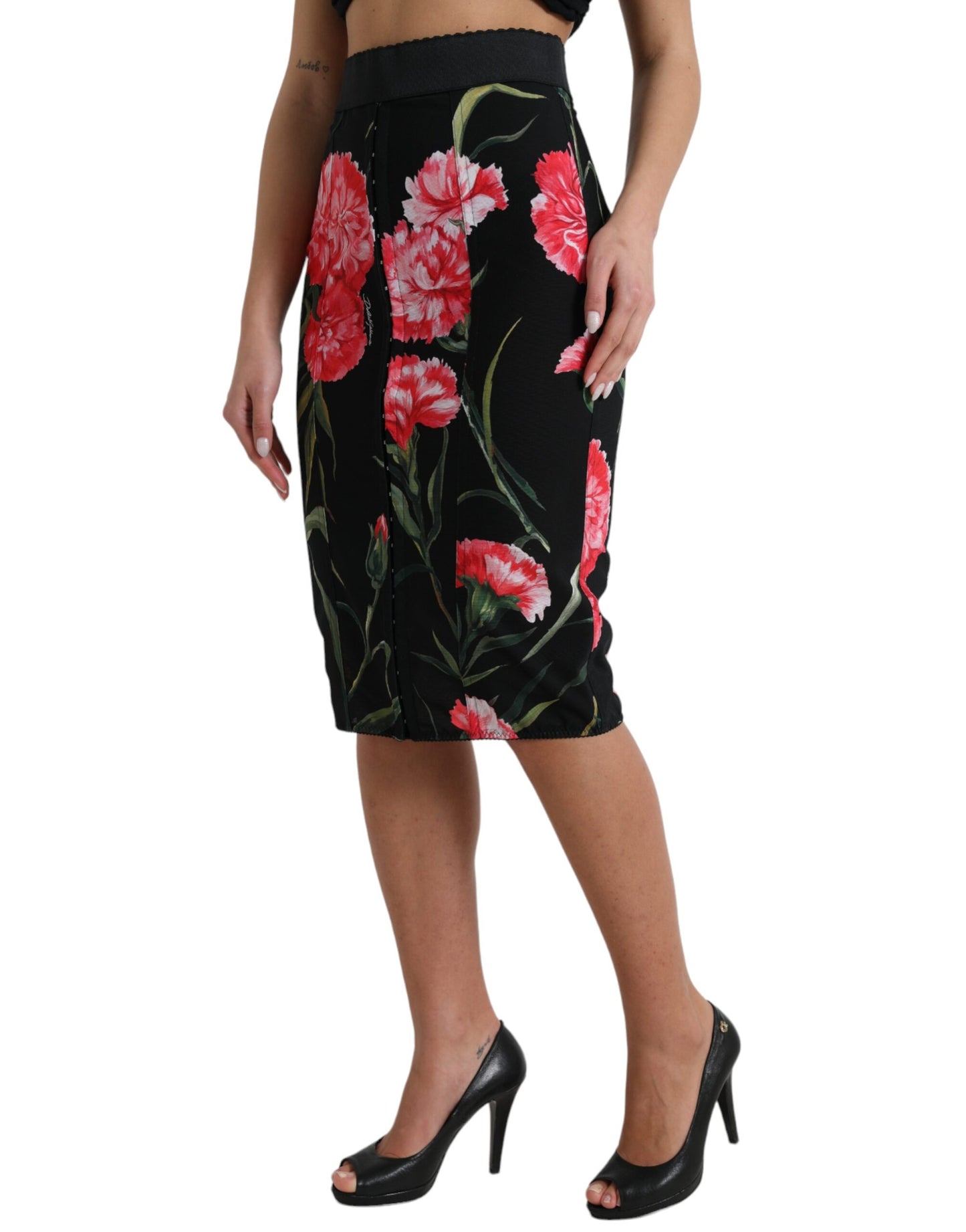 Black Carnation Pencil Cut Knee Length Skirt