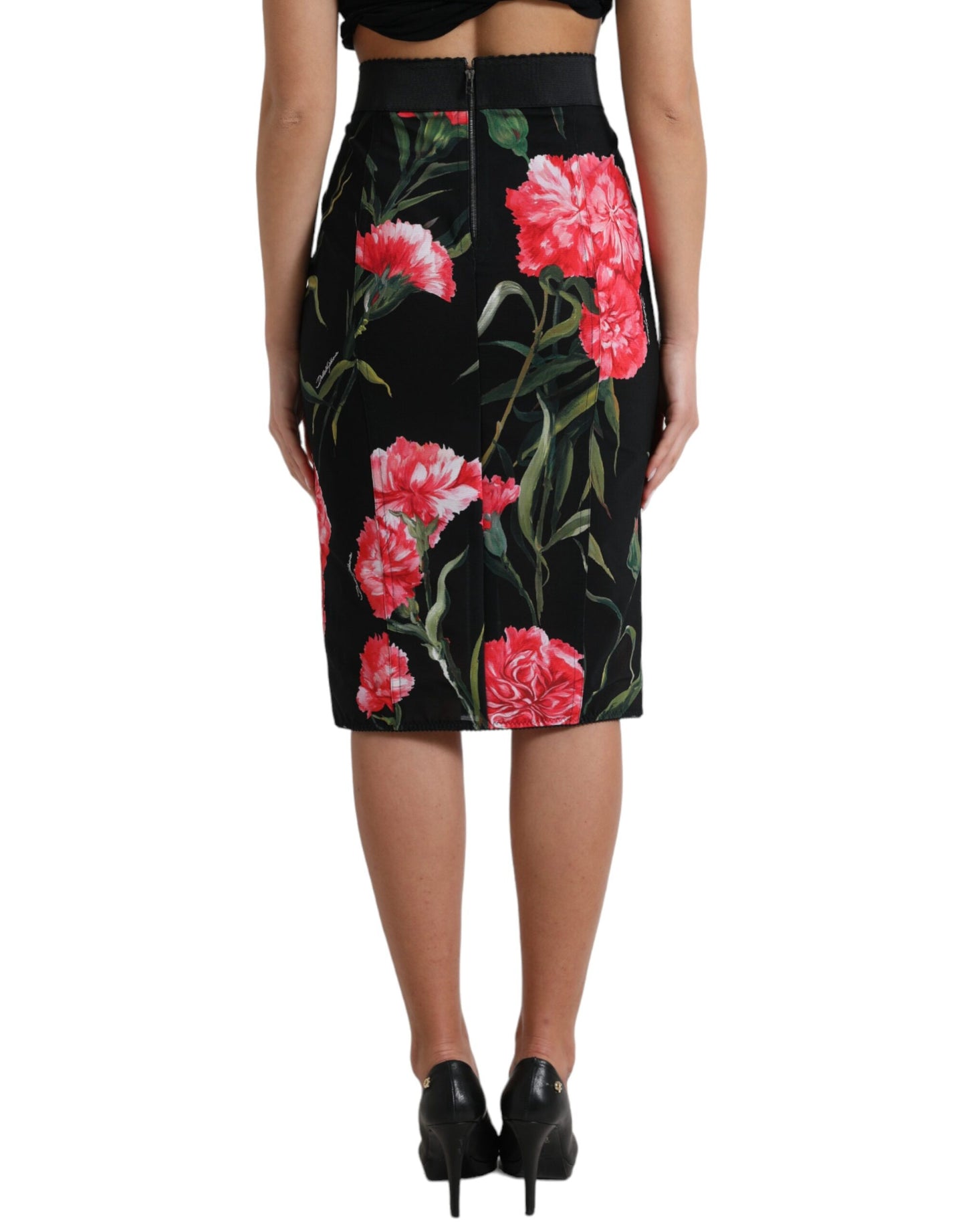 Black Carnation Pencil Cut Knee Length Skirt