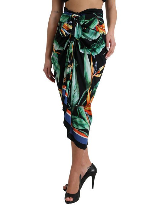 Black Strelitzia High Waist Wrap Midi Skirt