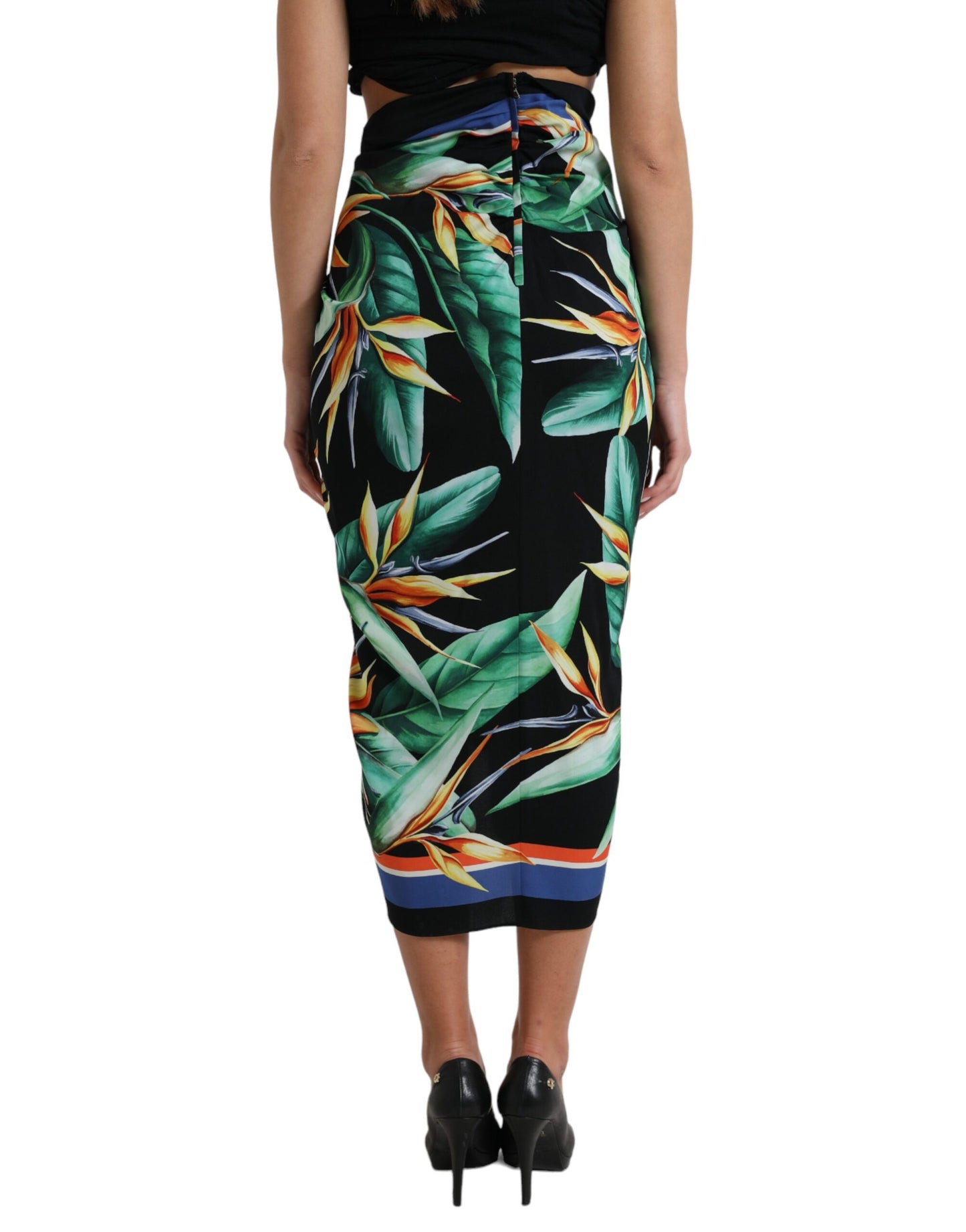 Black Strelitzia High Waist Wrap Midi Skirt