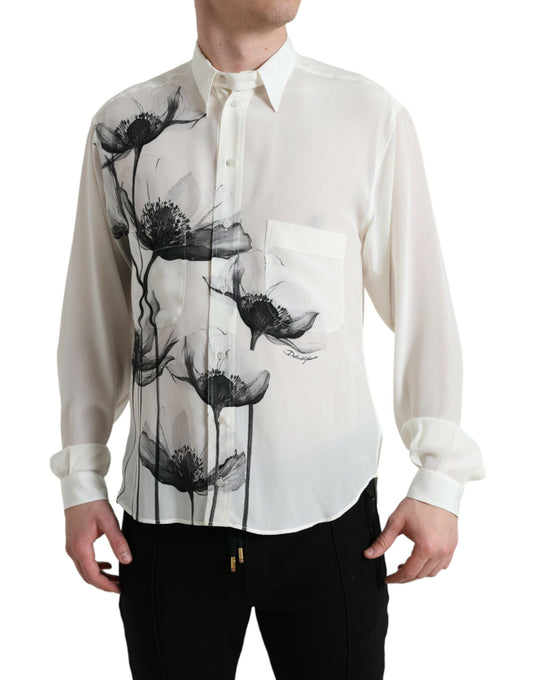 White Floral Collared Dress Silk Shirt