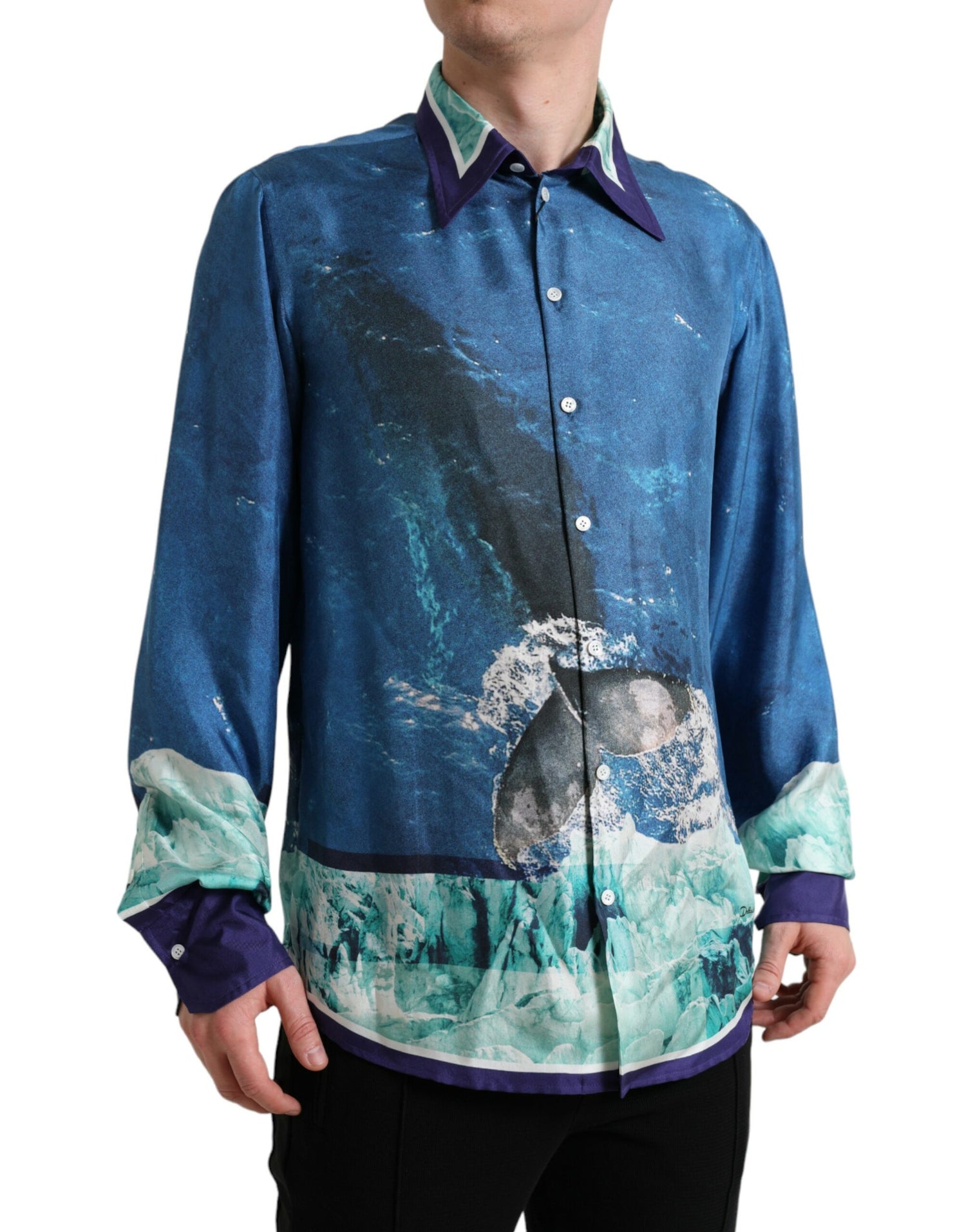 Blue Ocean Print Silk Collared Button Down Shirt