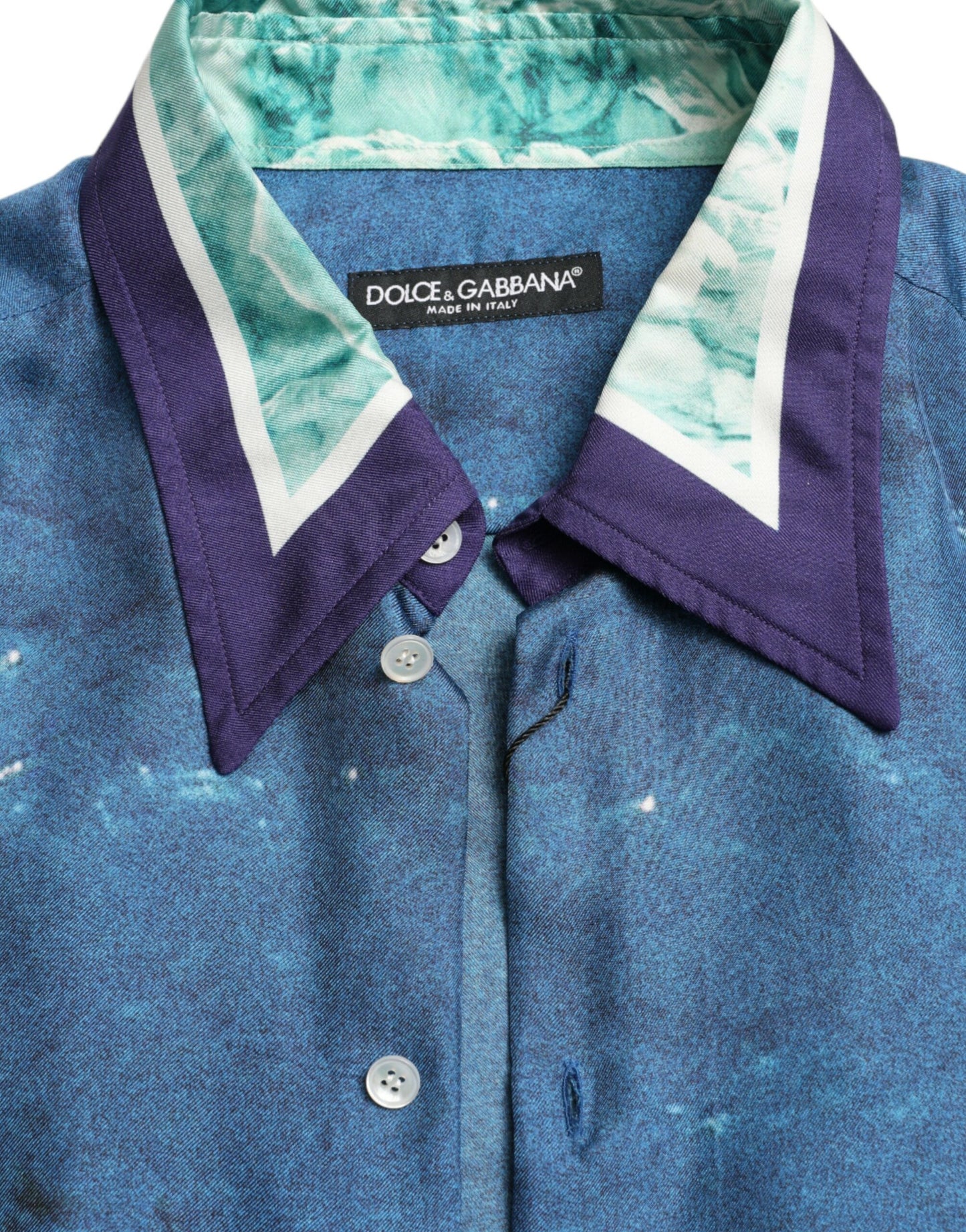 Blue Ocean Print Silk Collared Button Down Shirt