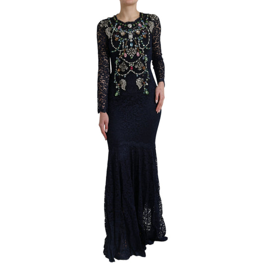 Blue Crystal Floral Lace Long Gown Dress