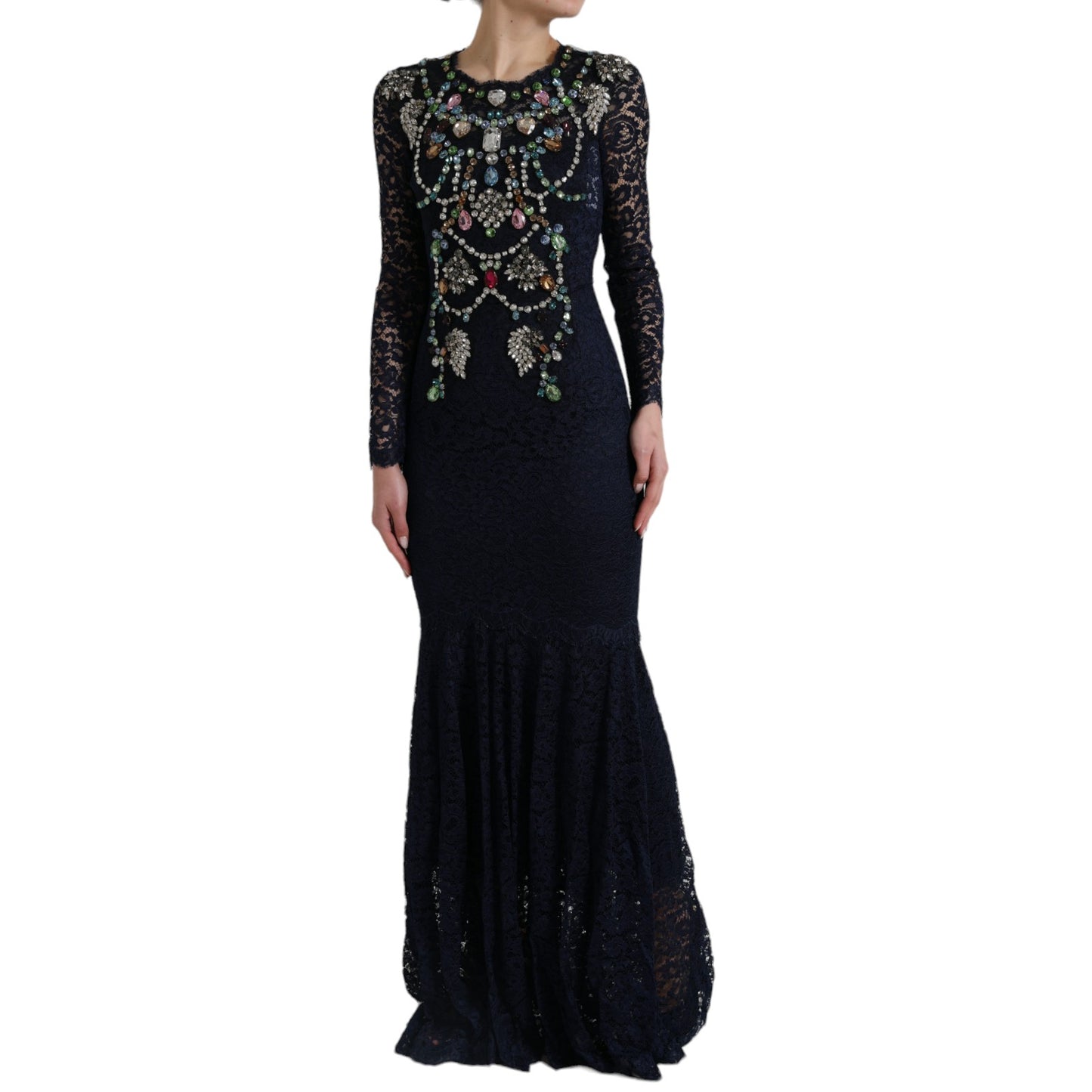 Blue Crystal Floral Lace Long Gown Dress