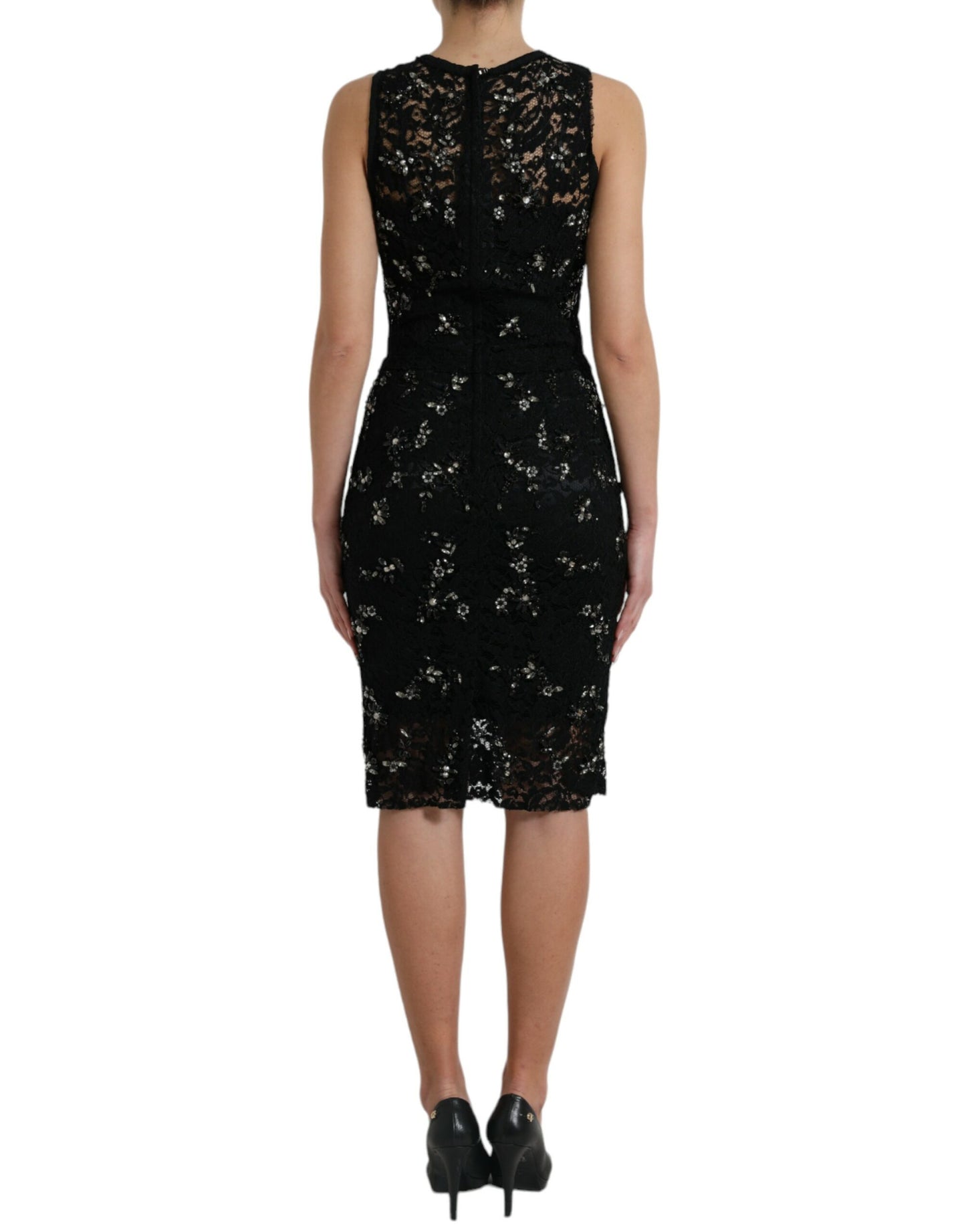 Black Floral Lace Crystal Sheath Dress