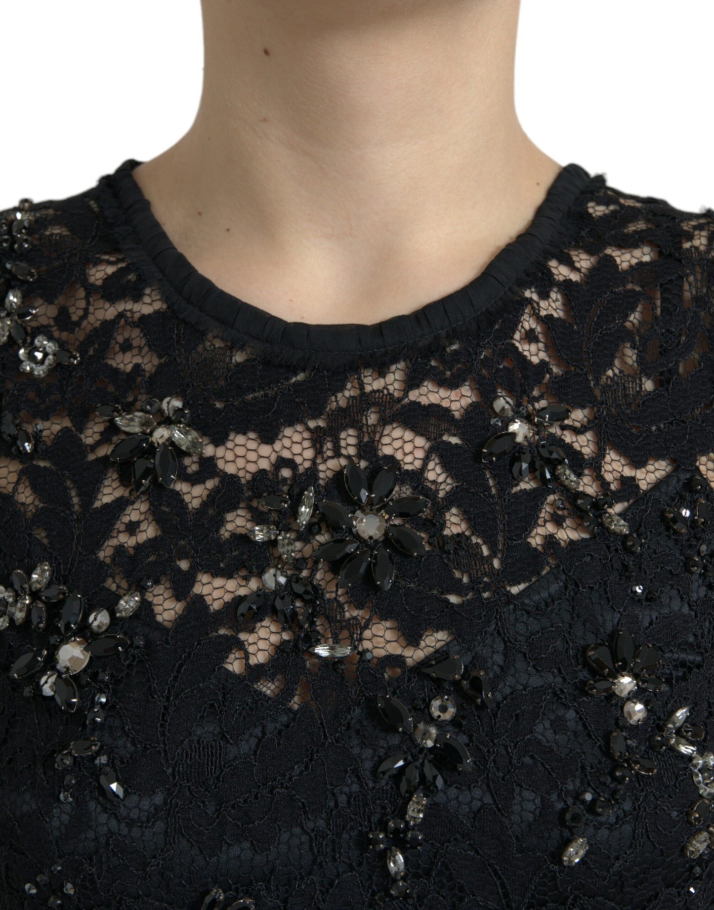 Black Floral Lace Crystal Sheath Dress