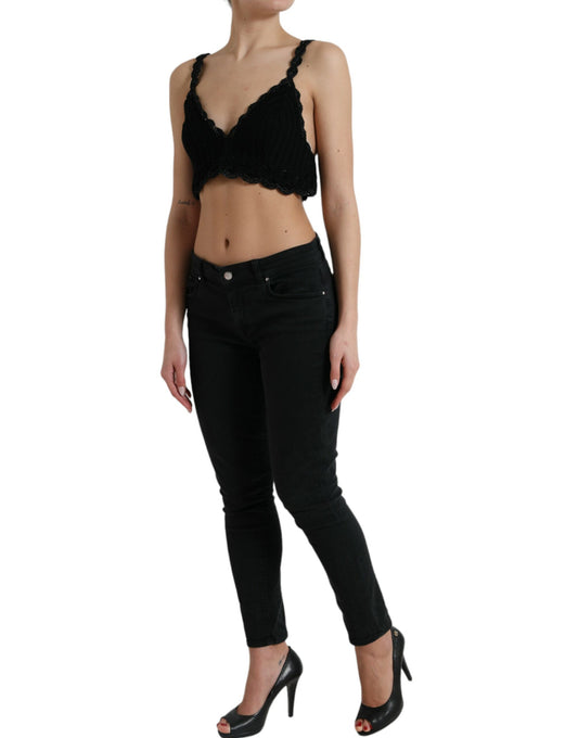 Black Cotton Bustier Cropped Crochet Tank Top