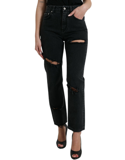 Black Cotton High Waist Tattered Denim Jeans