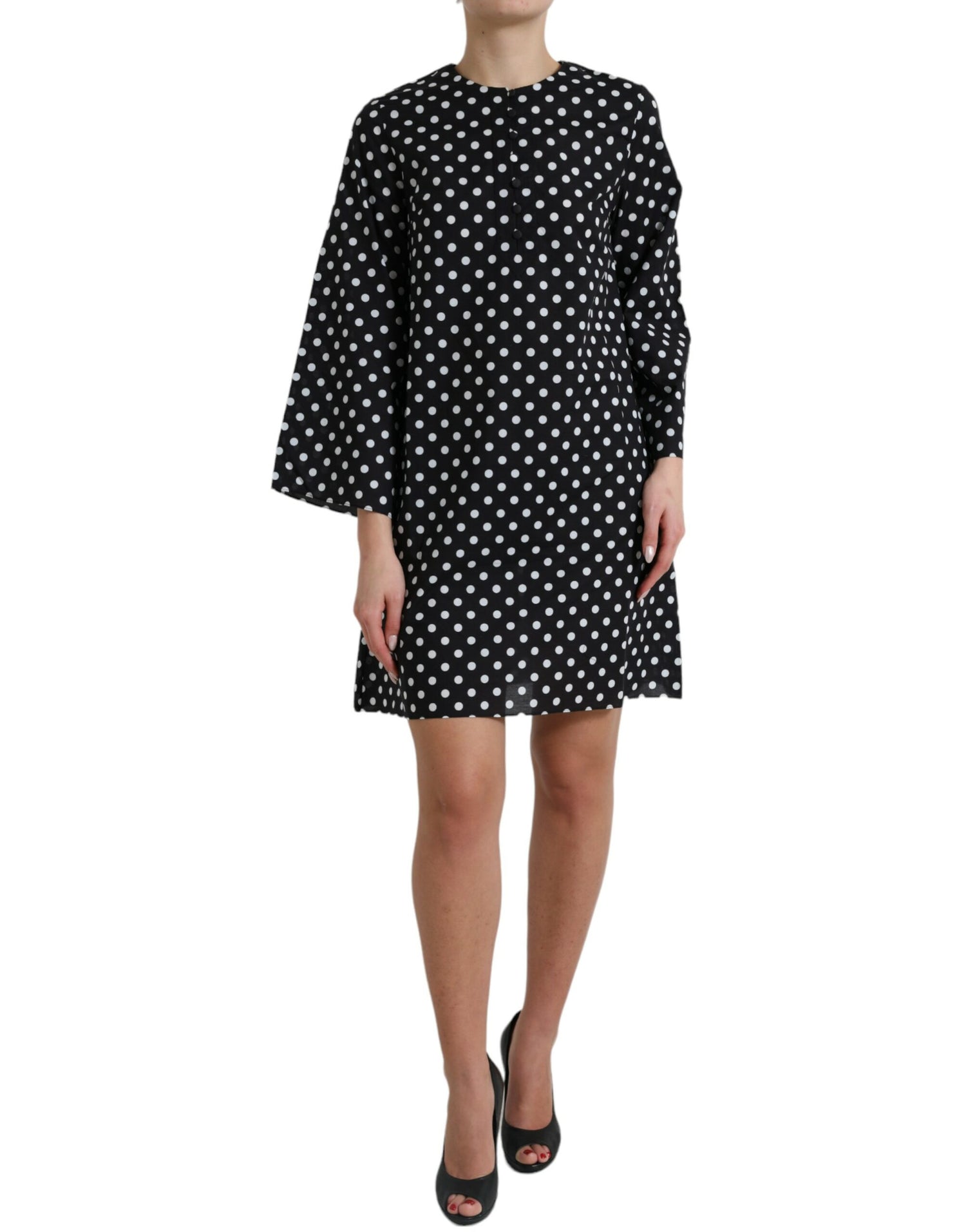 Black White Polka Dot Nylon Shift Mini Dress