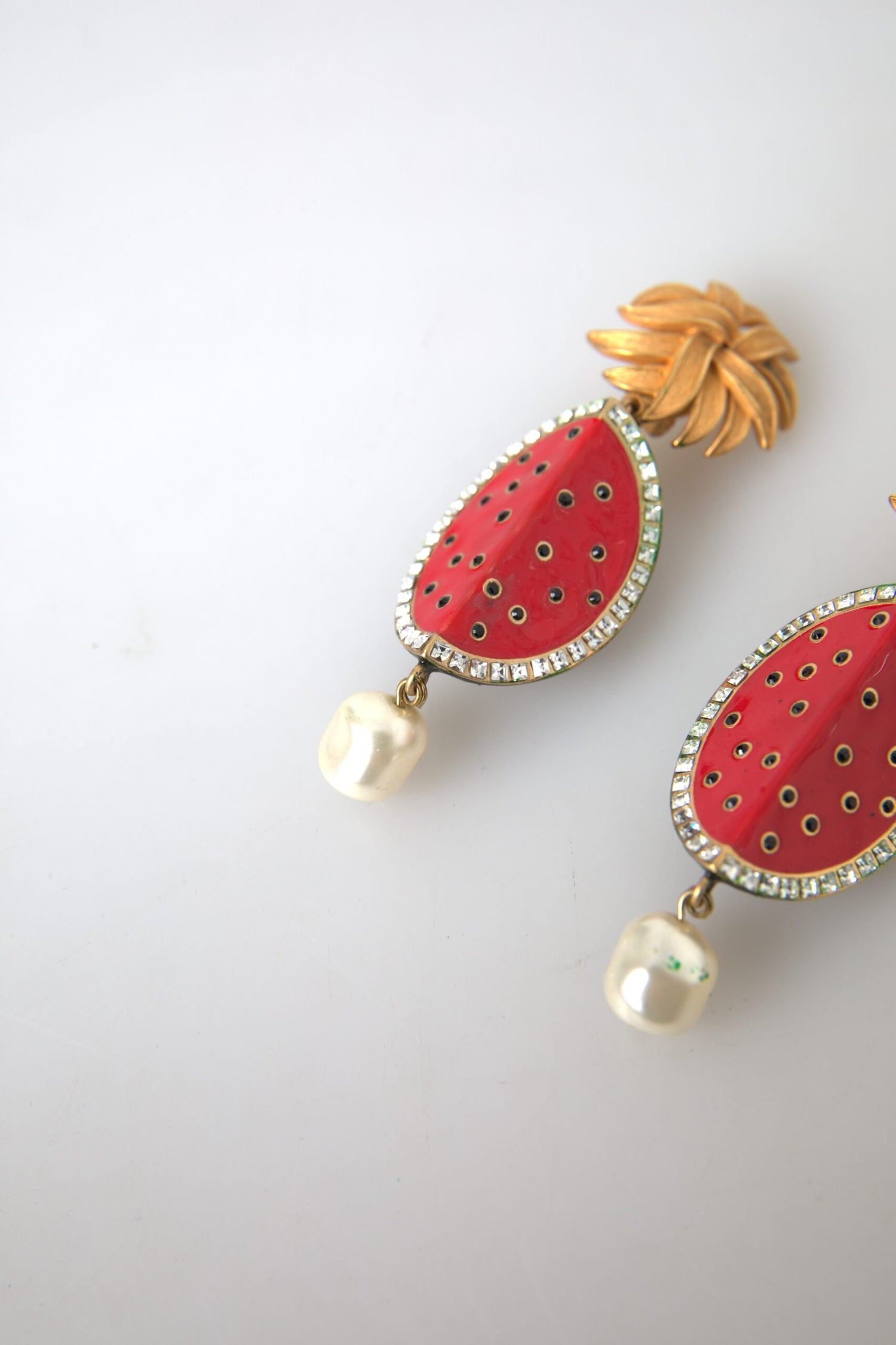 Red Watermelon Gold Brass Crystal Clip Dangling Earrings