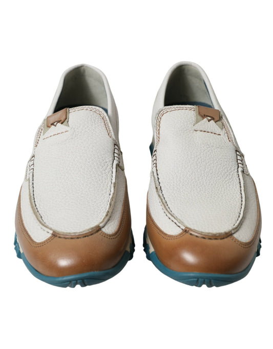 White Brown Leather Slip On Men Moccasin Shoes