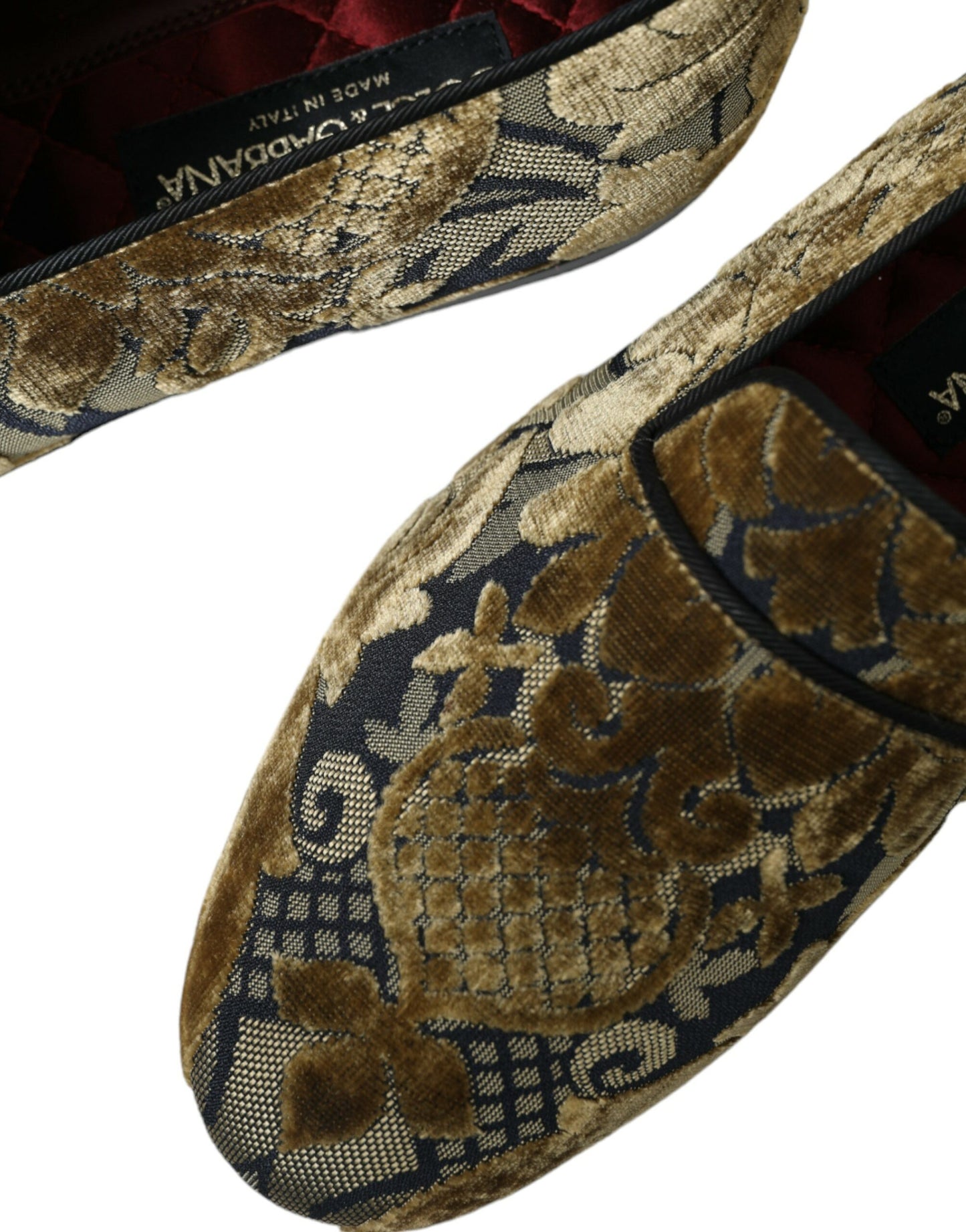 Gold Velvet Brocade Smoking Slipper Dress Shoes